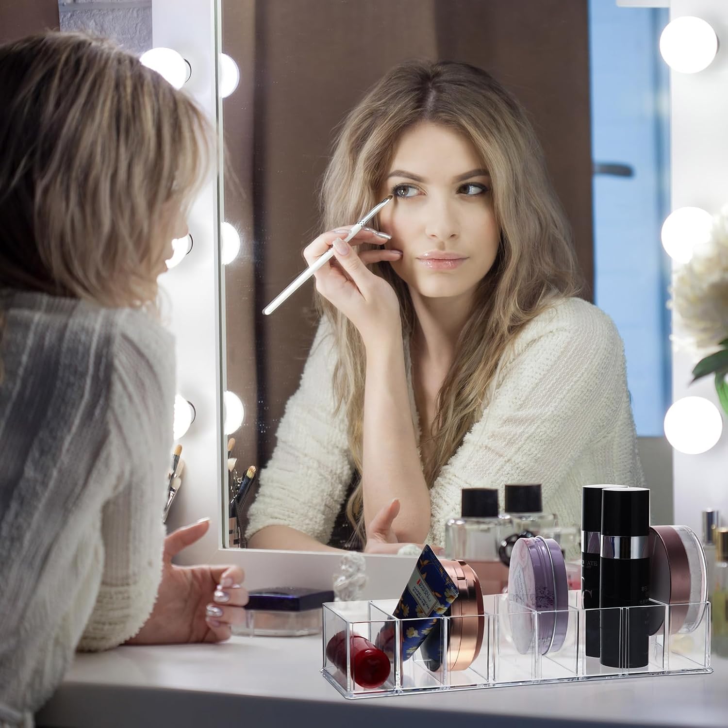 Tuanse 4 Pcs Acrylic Makeup Compact Organizer Detachable 8 Spaces Clear Vanity Drawer Organizer Eyeshadow Palette Storage for Lipstick Highlighter, Skincare Cosmetic Display Cases for Bathroom