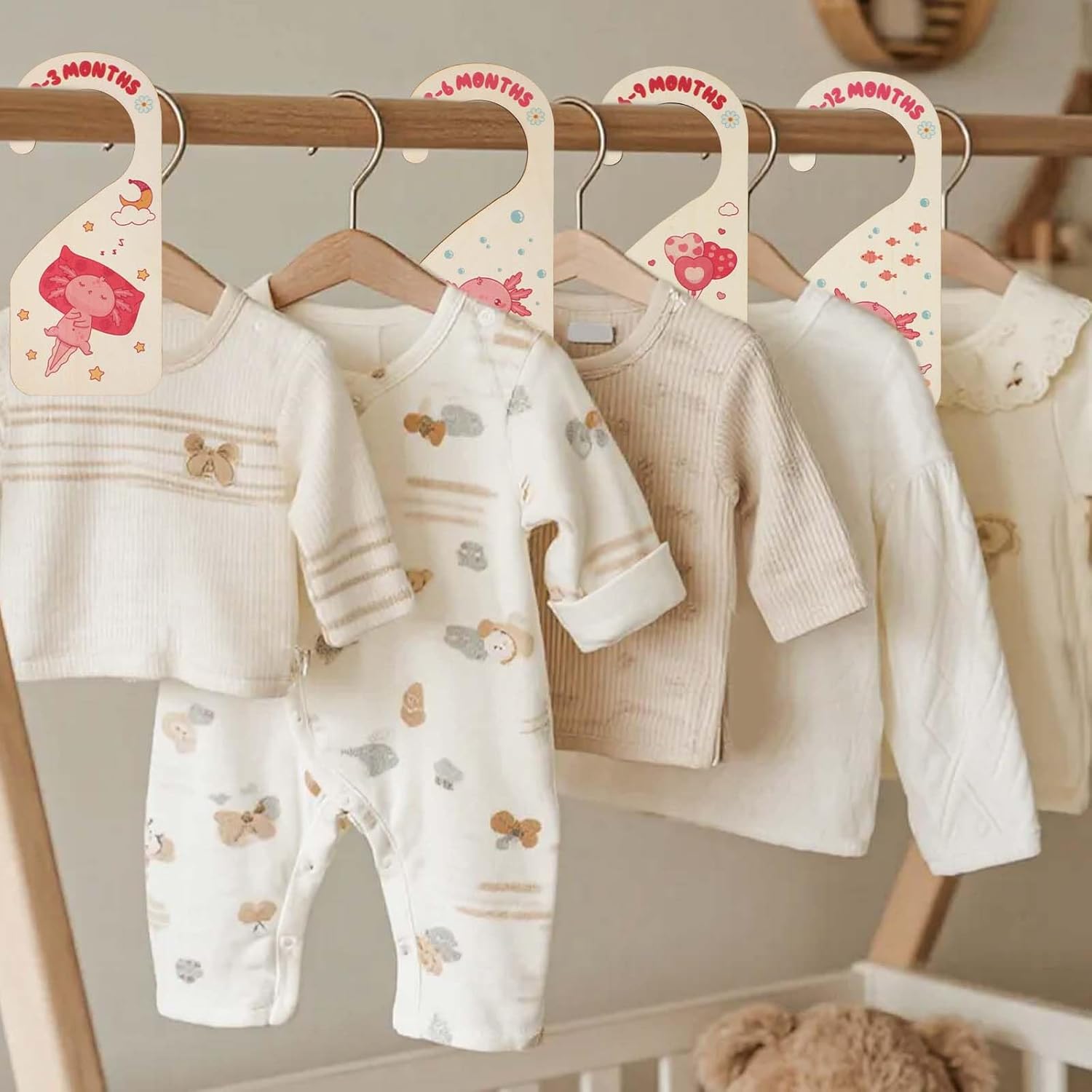 8pcs Baby Closet Dividers, Wooden Baby Wardrobe Organizer Newborn to 24 Months Axolotl-Themed Design Nursery Decor Double-Sided Nursery Hanger Dividers for Home Decor