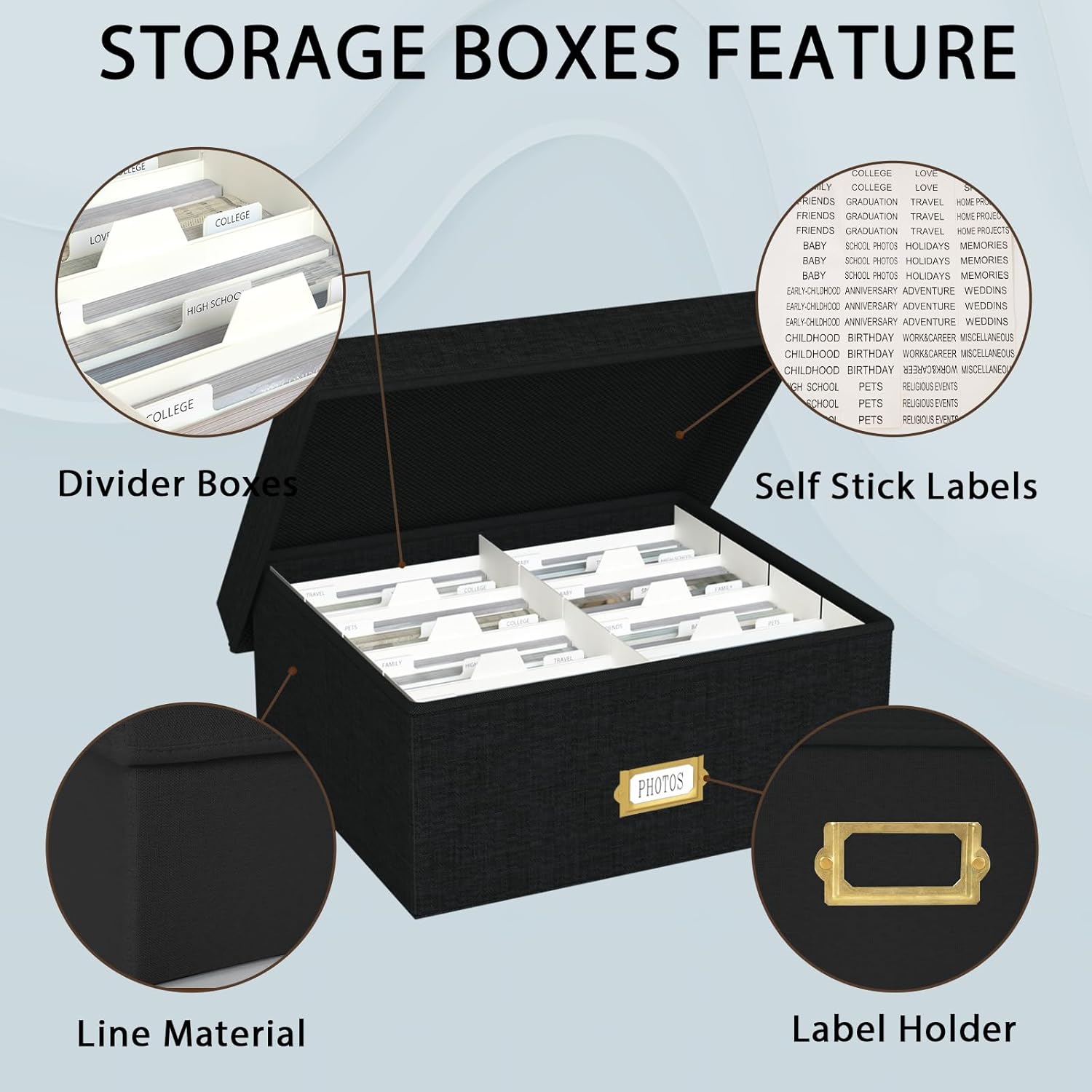 Decorative Photo Storage Box - 2 Pack Linen Photo Box Organizer with Dividers, Fits Holds Up to 1700 Pictures and 4x6 Photos, Memory Keepsake Organizer for Scrapbook Supplies, Cards, Stamps (Black)