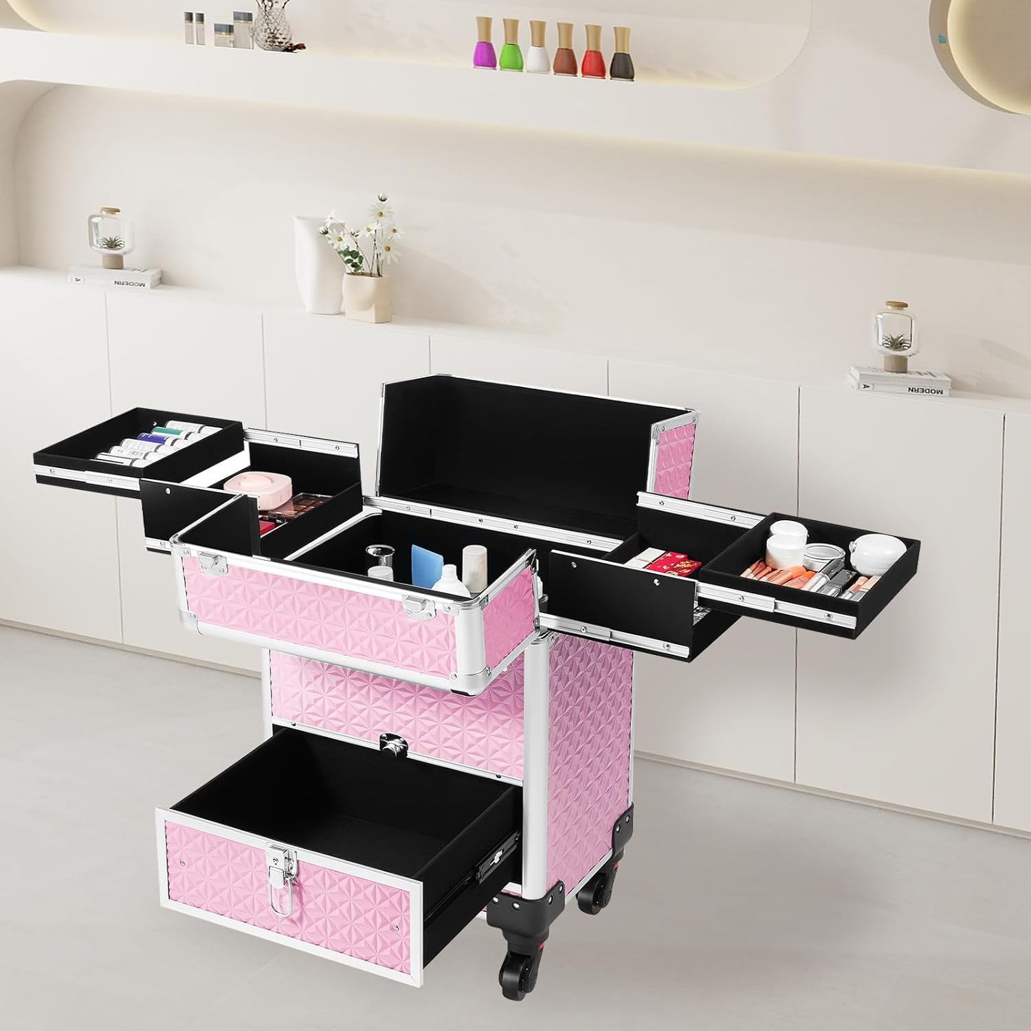 Professional Rolling Makeup Train Case with Lock, 7 Compartments 44lbs Capacity Rolling Nail Case Adjustable Organizer for Makeup Artists, Hairstylists, Pet Groomers (Pink)
