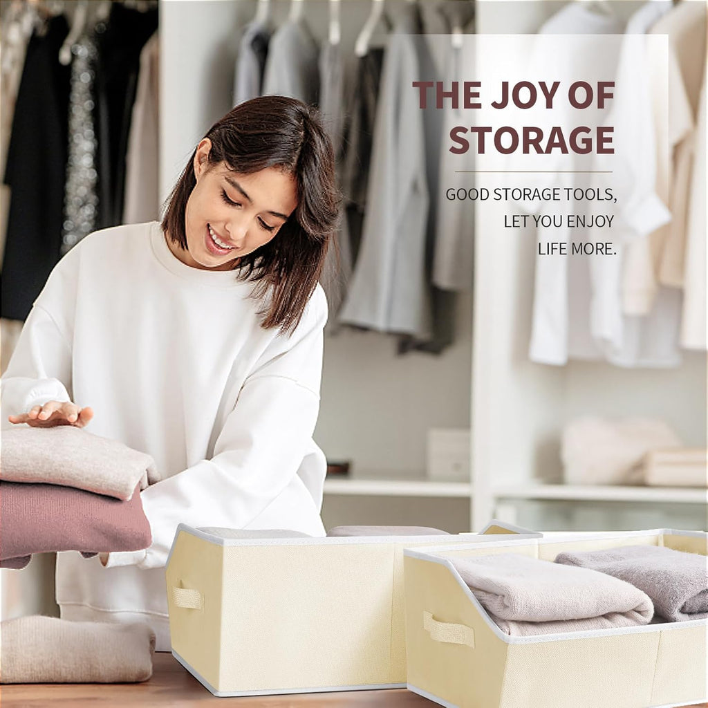 Cube Storage Organizer - Large Bins with Handle, Trapezoid Organizing Baskets for Shelves, Decorative Storage Baskets for Clothes, Blankets, Books, 4 Pack, Beige