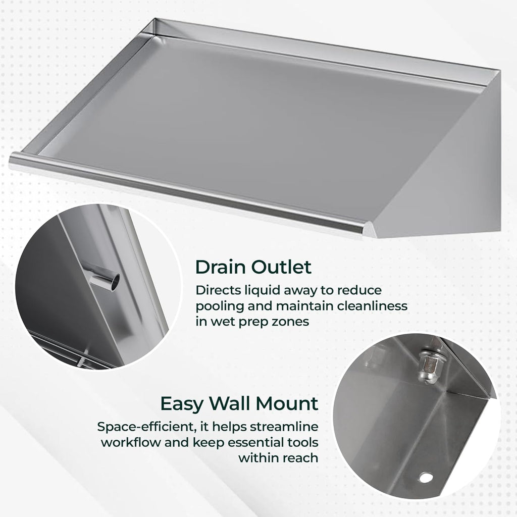 304 Stainless Steel Slanted Wall Rack Shelf with Drain Outlet – 42" x 22.5" | Commercial Wall-Mounted Drip Shelf for Bar, Kitchen, or Dish Station (42 in. x 22 1/2 in)