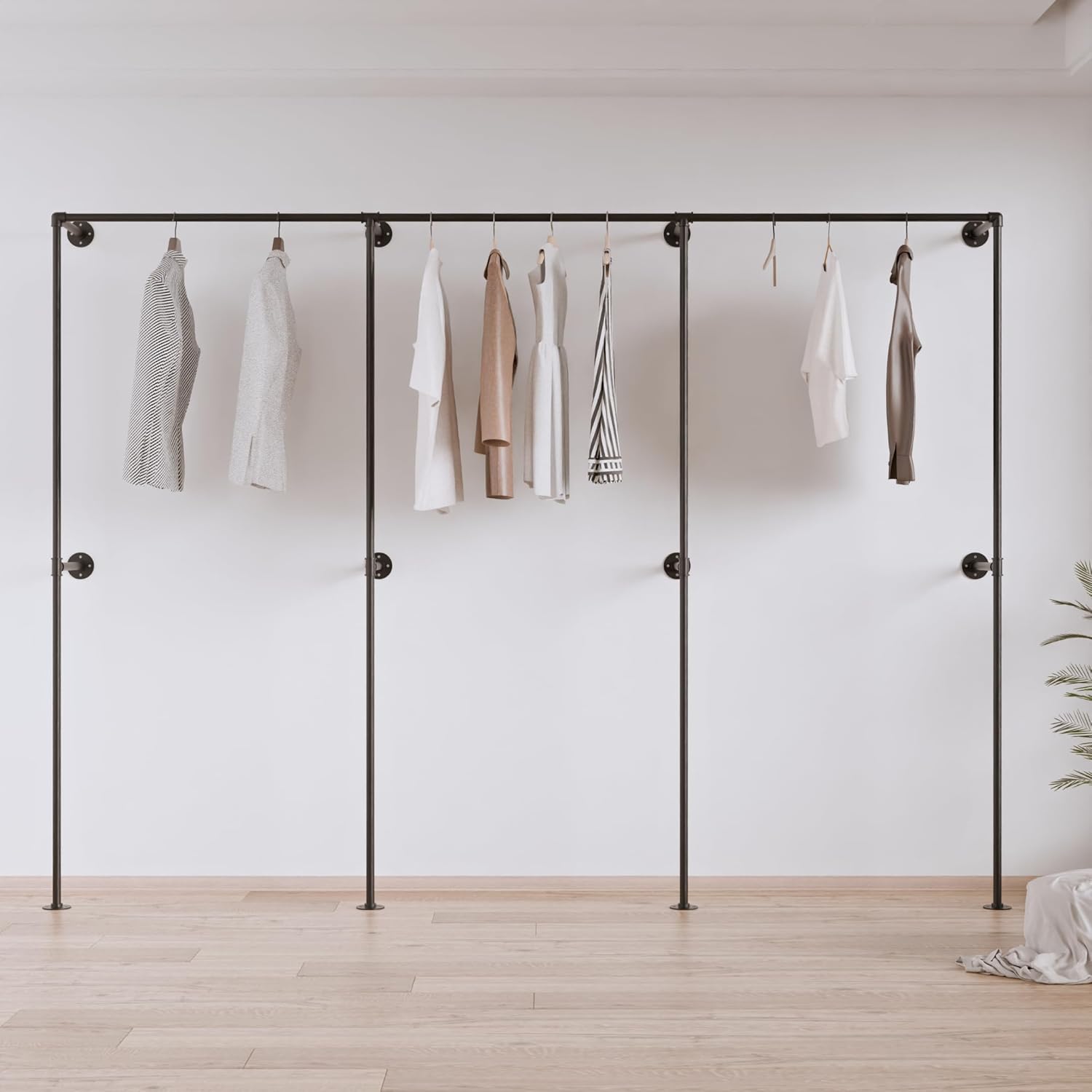 Industrial Pipe Clothing Rack, Heavy Duty Wall Mounted Clothes Rack, Retail Display Hanging Garment Rod for Laundry Rooms, Closet Storage 14.6x110x82.7 Inches, Model K07