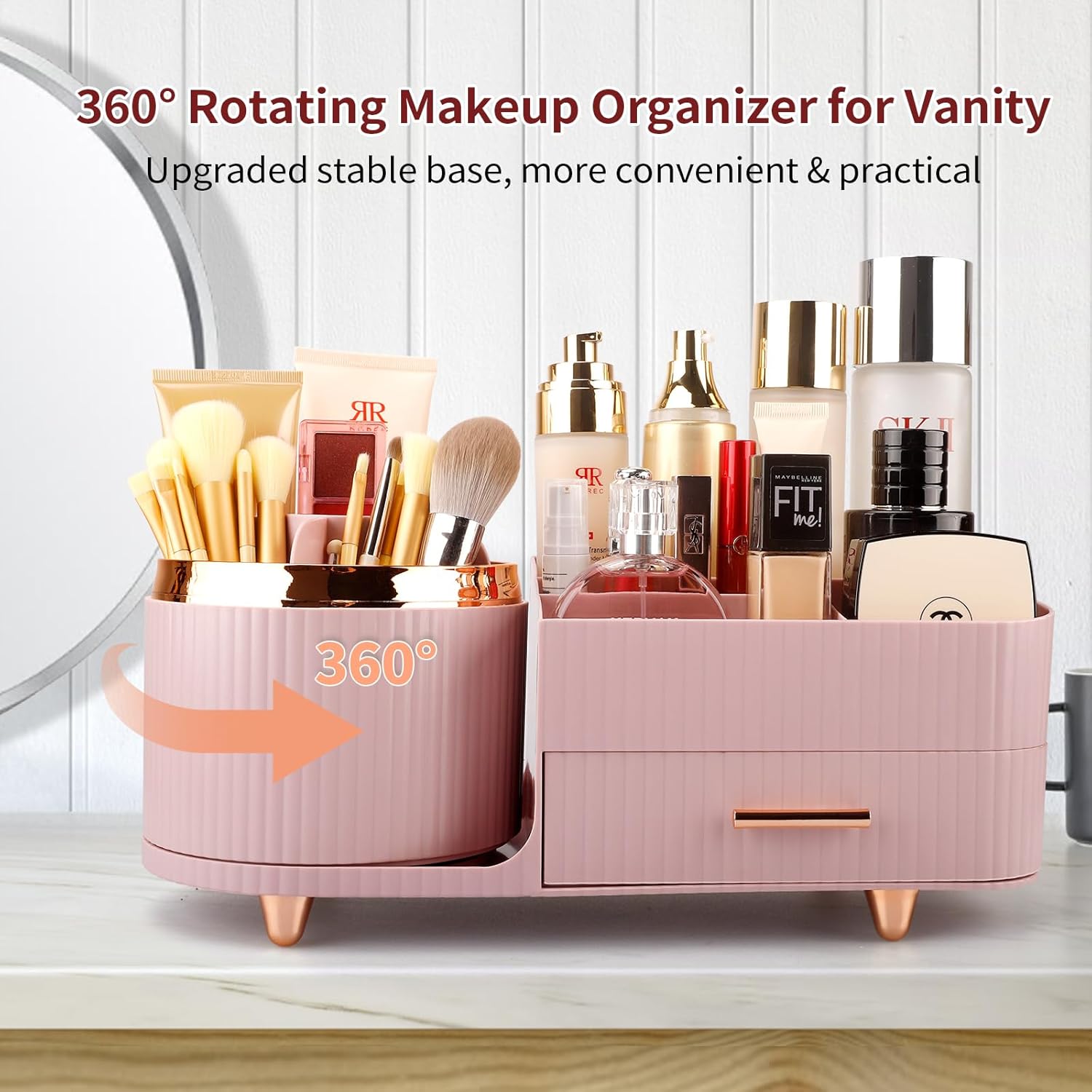 Makeup Organizer for Vanity, Cosmetic Display Case with Drawers, Fits Makeup, Skincare Products, Brushes, Lipsticks, and Other Accessories, Versatile Storage Solution (Pink)