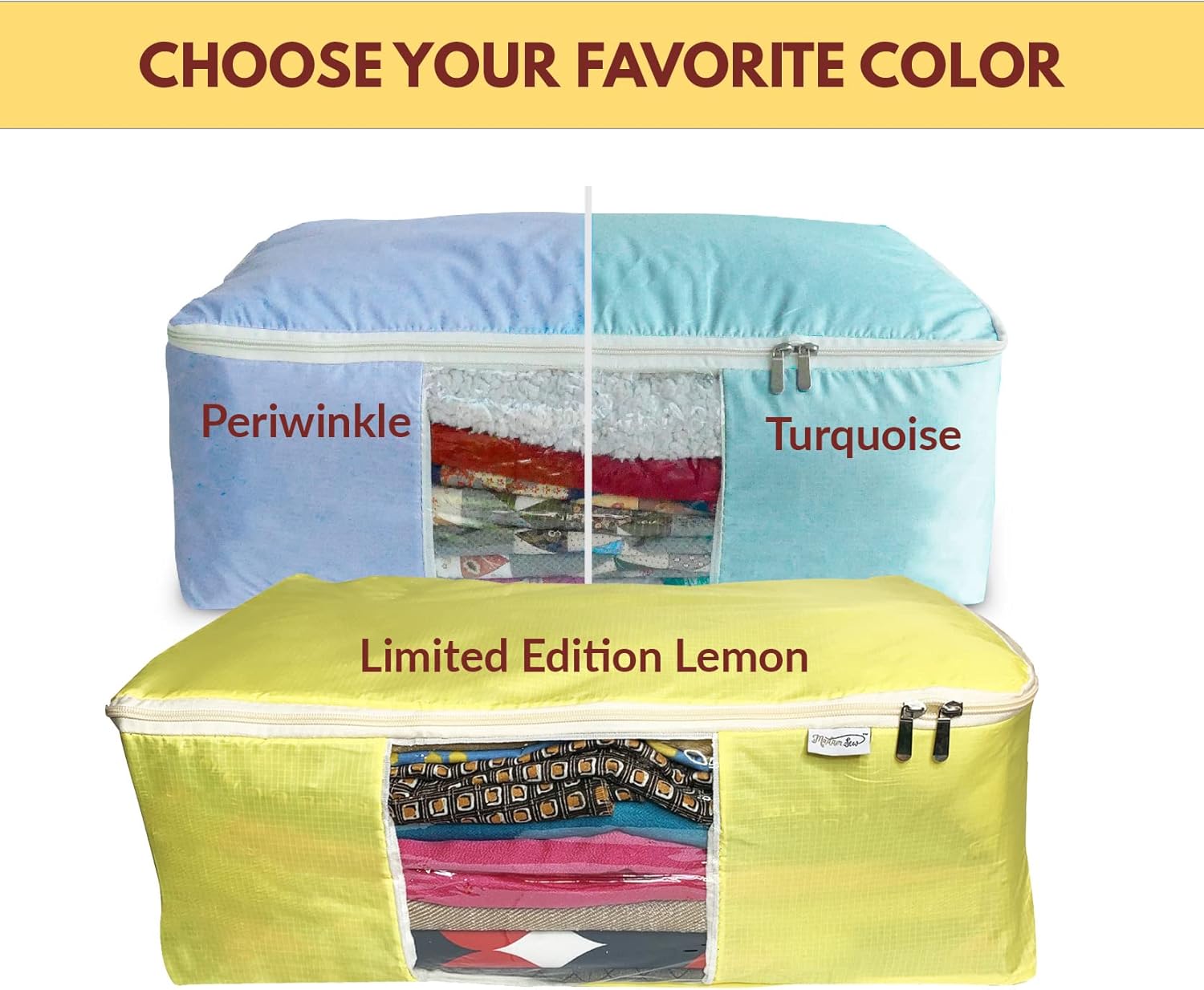 Madam Sew Quilt Blanket Storage Bag|Blanket Organizer|Comforter Storage for Clothes, Quilts, Bedding|Linen Bag Storage with Visible Front Panel, Strong Handles & 2-Way Zipper - Periwinkle 22x15x8"