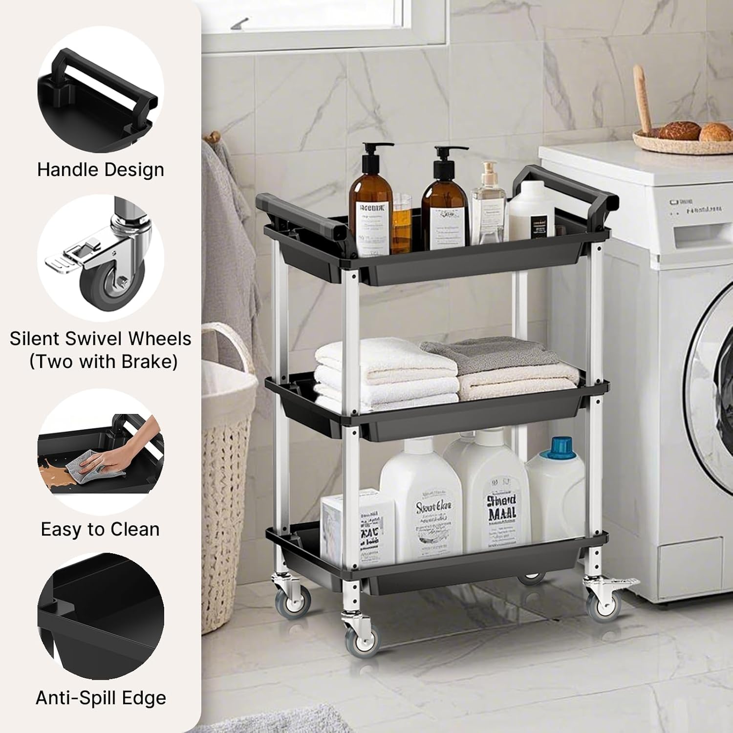 3 Tier Rolling Cart,Plastic Utility Cart with Handle,Rolling Carts with Wheels,Utility Cart with Lockable Casters, Multi-Functional Organizer Cart for Bedroom, Living Room, Kitchen,Office(Black)