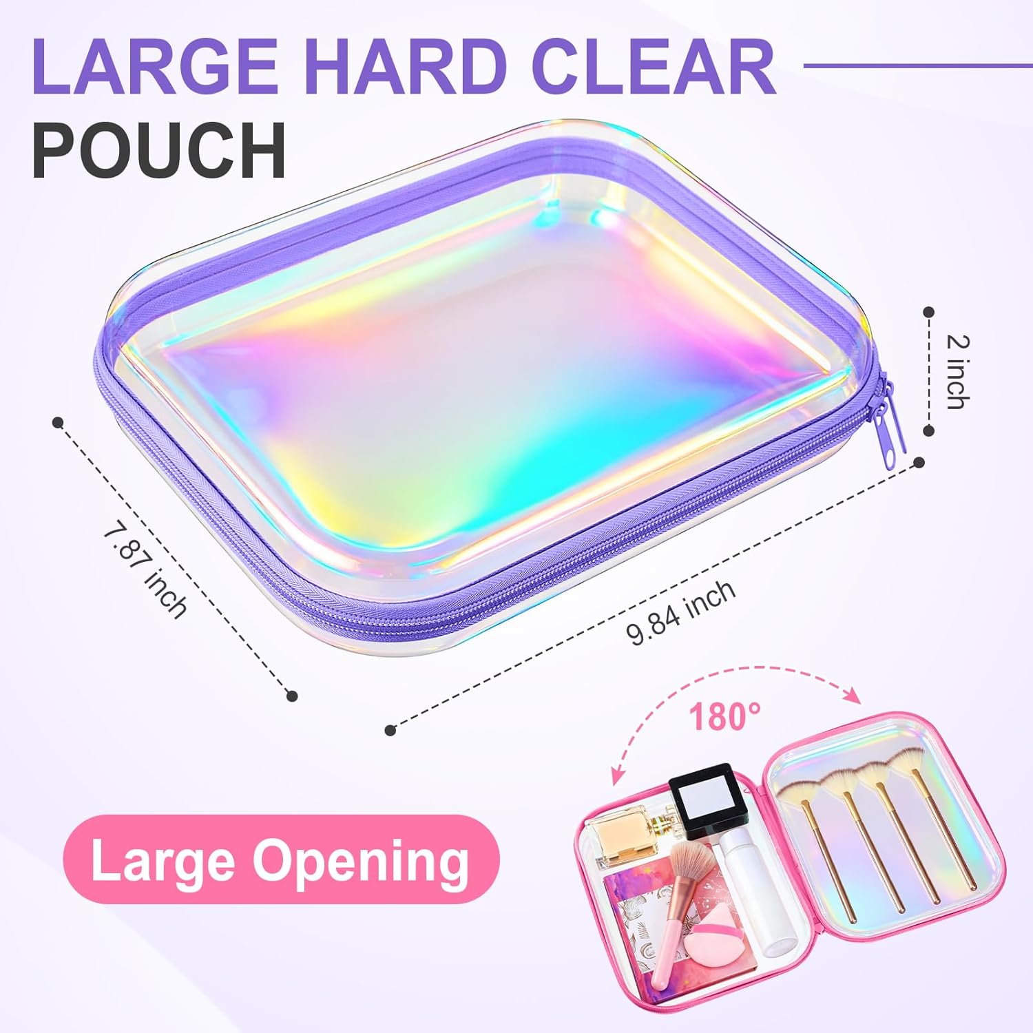 Sanwuta 6 Pcs Clear Hard Zipper Case Hard Plastic Zipper Pouches Transparent Makeup Bag Pencil Pouches for Travel Snacks Christmas Trinket Storage Organizer Box(Holographic,9.84 x 7.87 x 2 Inch)