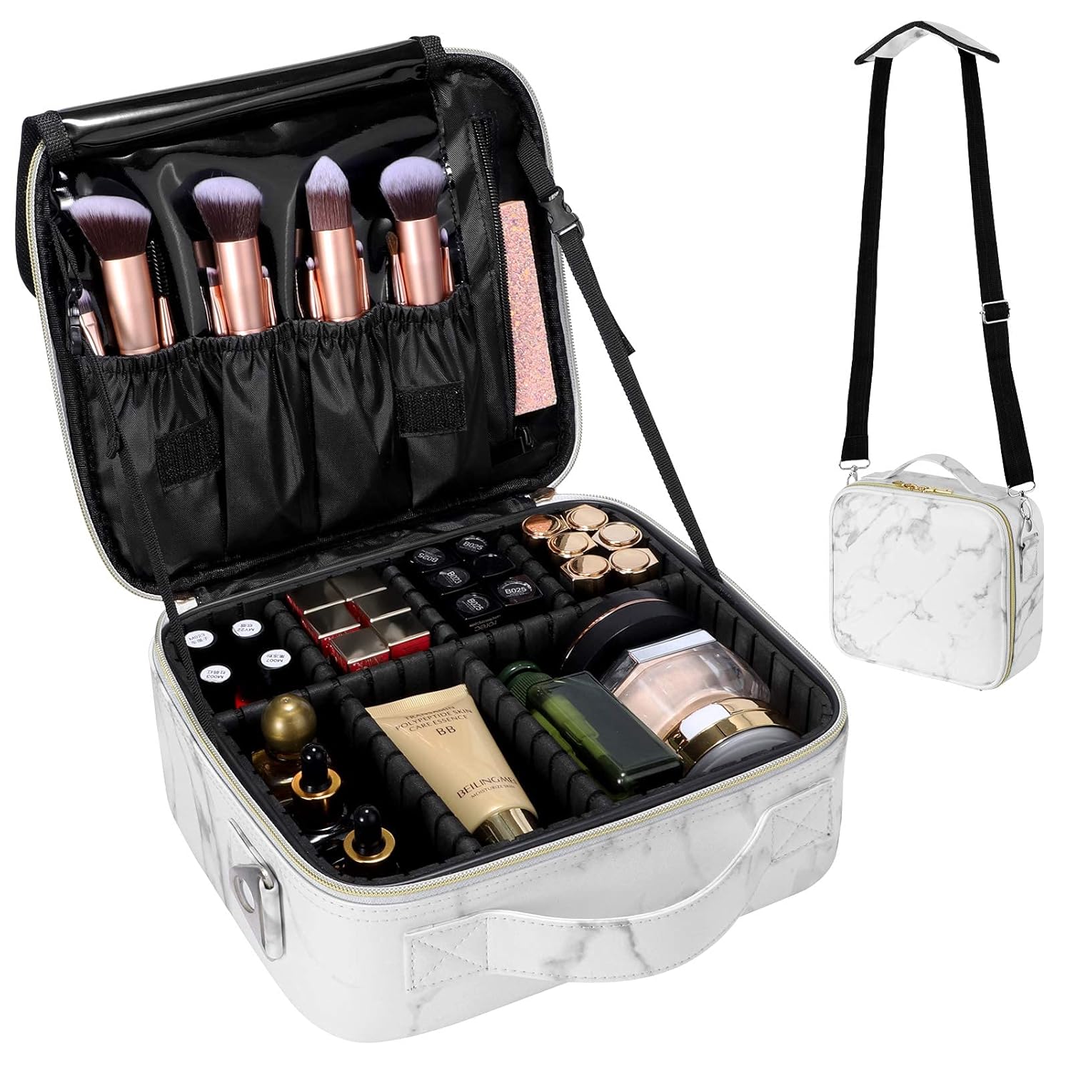 gzcz Travel Makeup Bag,Professional Cosmetic Bags for Women,Portable Makeup Brush Bag Organizer Storage with Adjustable Dividers and Shoulder Strap