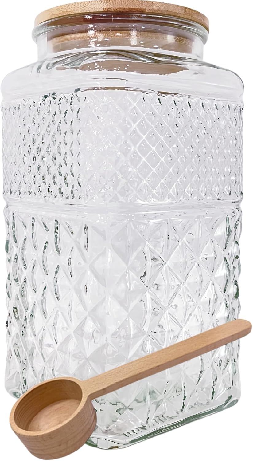 Viovian 1 Gallon Glass Jar with Lid Spoon 120 OZ Square Wide Mouth Glass Storage Jars Airtight Large Vintage Canister Container for Candy Cookie Sugar Coffee Tea Nuts Flour Dog Treat Laundry Pods