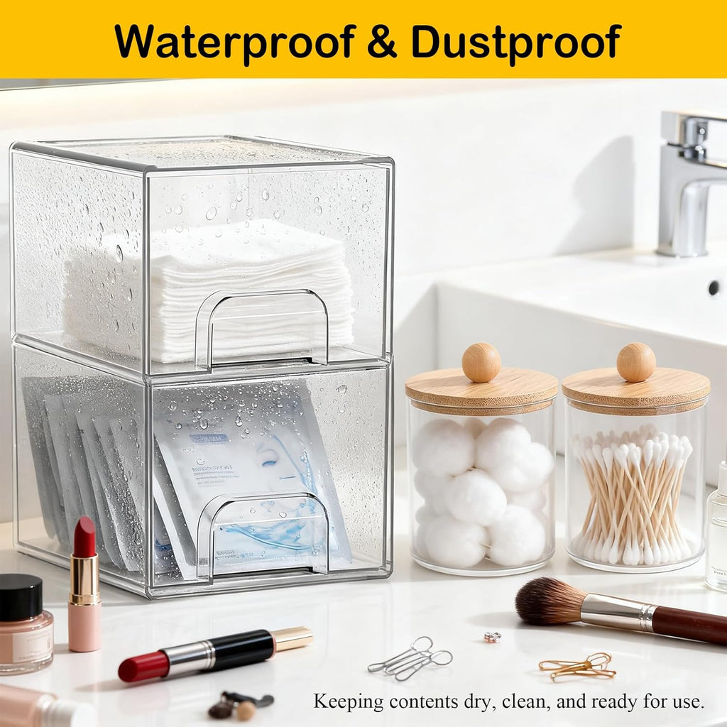 6 Pack Clear Stackable Storage Drawers & Qtip Holder Dispenser with Bamboo Lids, Clear Plastic Storage Containers for Bathroom, Vanity, Undersink, Kitchen Cabinets, Pantry, Home Organization