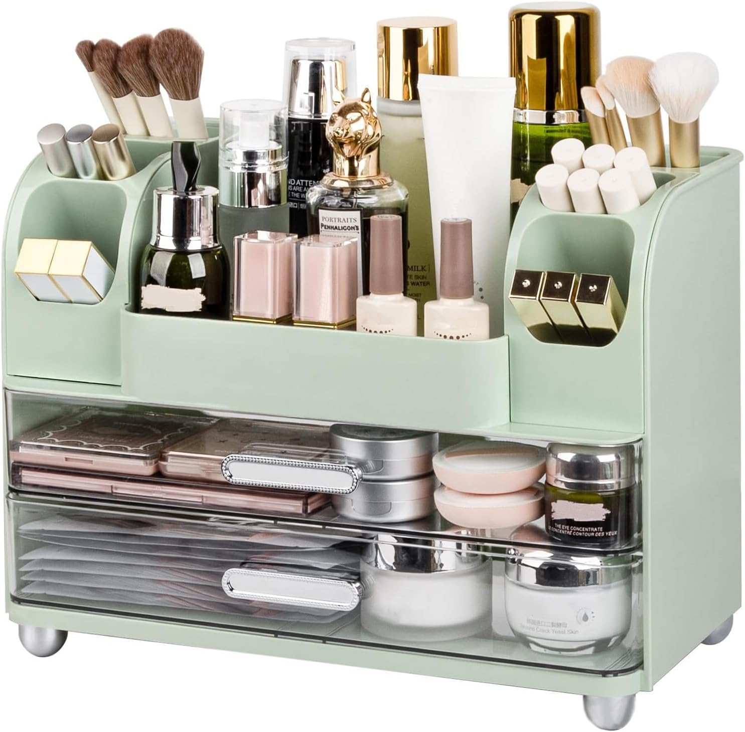 Large Makeup Organizers Countertop for Vanity, Bathroom Make Up Storage with Brush Holder, Cosmetic Display Case with 2 Drawers for Skincare,Lipstick (Green)