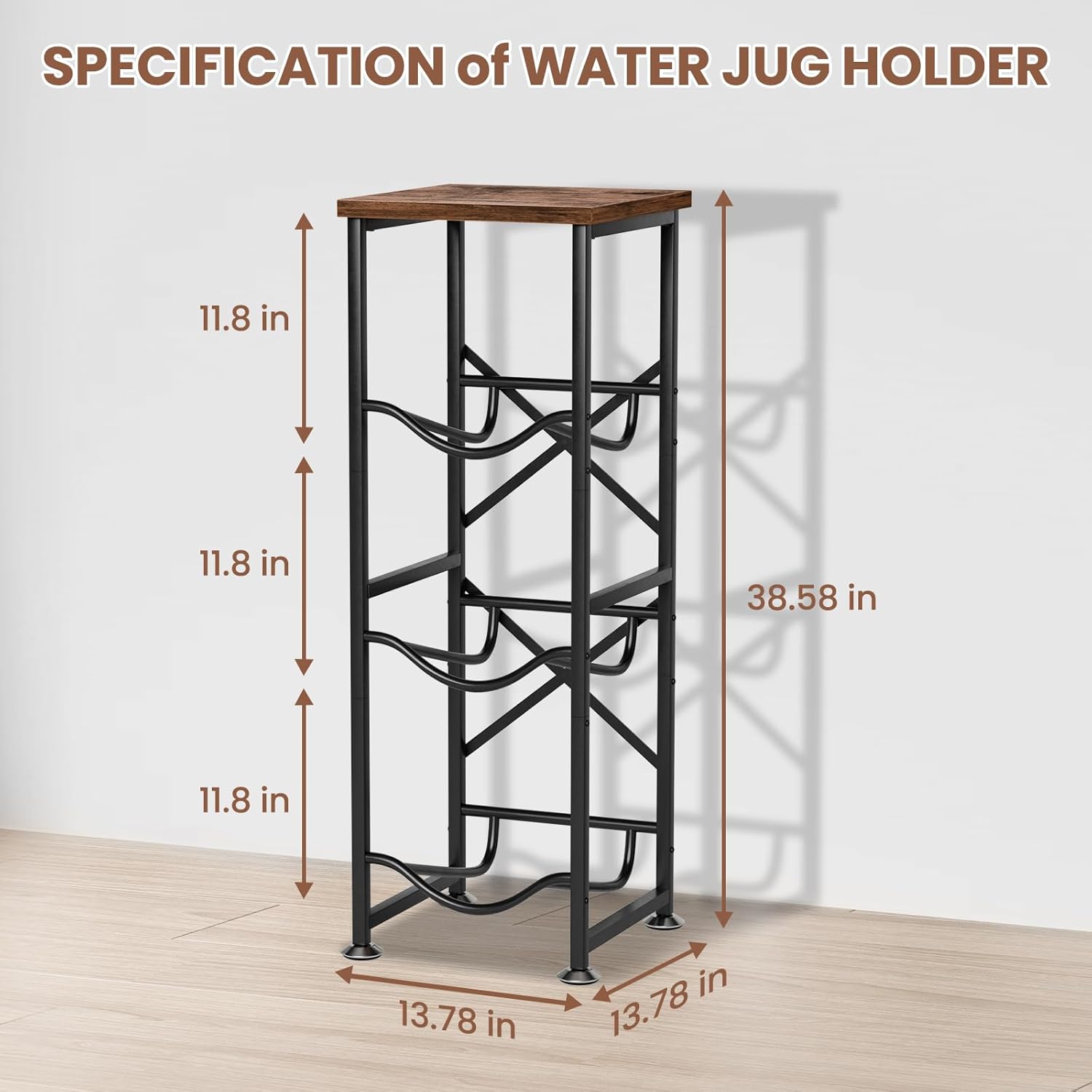 5 Gallon Water Jug Holder, 3-Tier Water Bottle Holder with Wood Top Shelf, Heavy Duty Water Cooler Jug Rack, Water Dispenser Storage Stand for Kitchen Office and Living Room