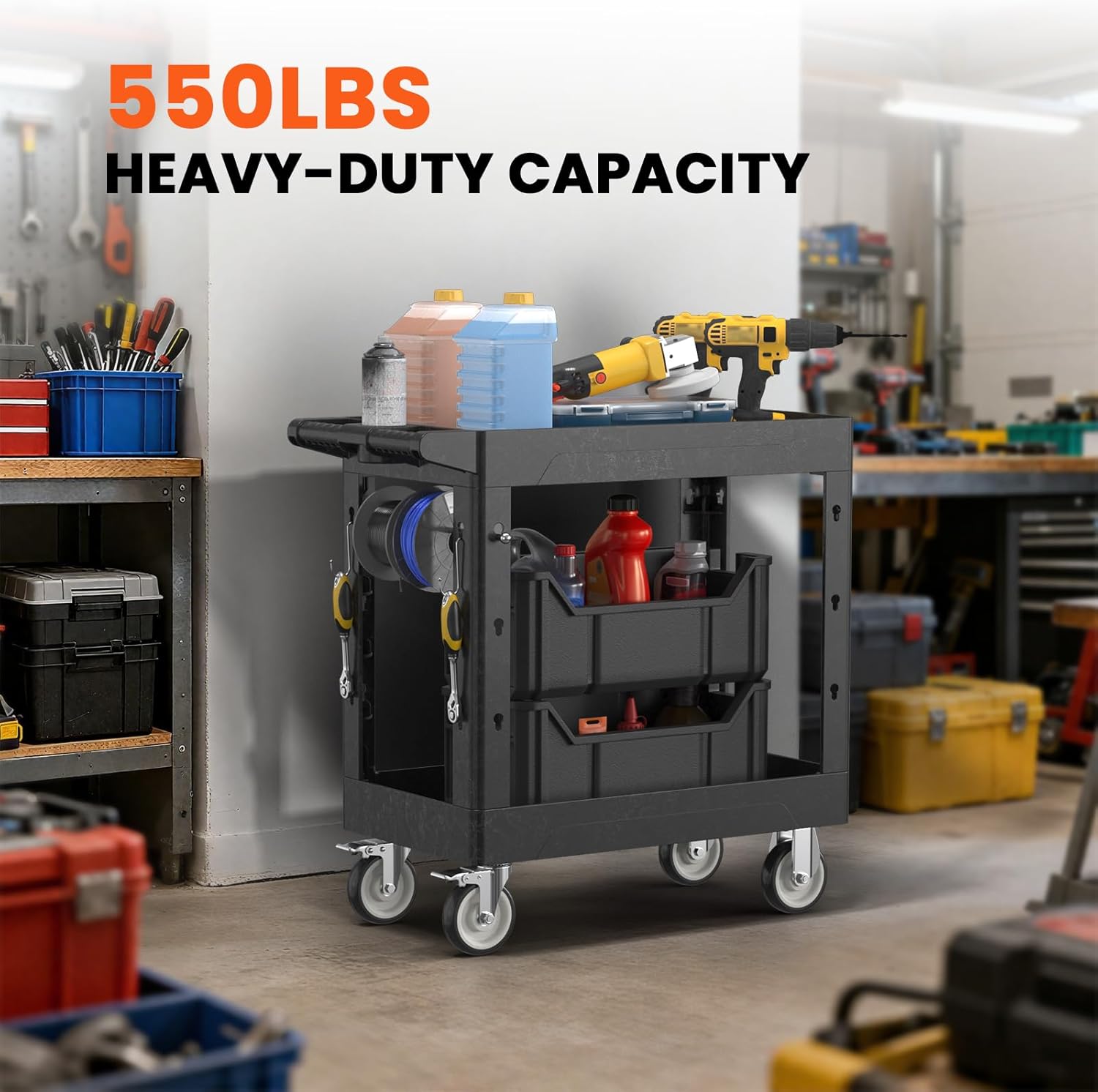 2 Tier Plastic Rolling Utility Cart on Wheels, Heavy Duty Tool Cart with Deep Shelves and 360° Swivel Wheels Holds up to 550 lbs, Service Cart for Garage, Warehouse, Cleaning