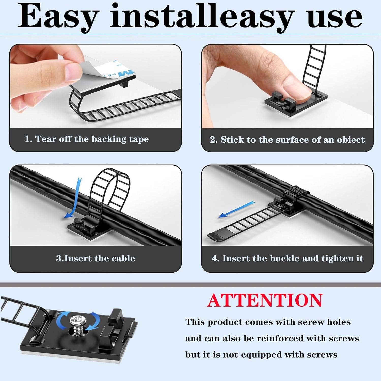 Adjustable 3M Adhesive Cable Management Clips 100Pcs, Large self Adhesive Cable Ties Clips ，Suitable for Cable Management Under desks and on Walls(Black)