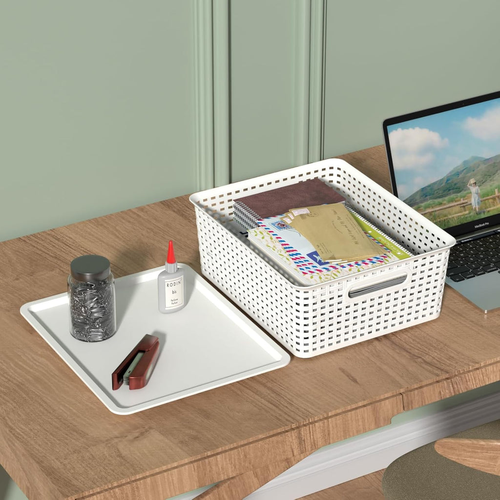 6 Pack Stackable Lidded Storage Baskets, Plastic Woven Baskets for Organizing, White