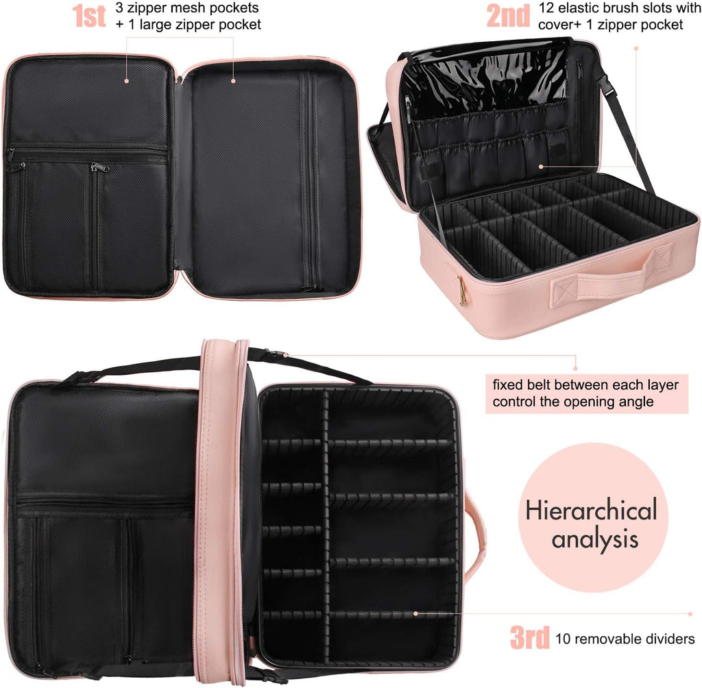 Relavel Makeup Case Large Makeup Bag Professional Train Case 16.5 inches Travel Cosmetic Organizer Brush Holder Waterproof Makeup Artist Storage Box, 3 Layer Large with Adjustable Strap (Pink)