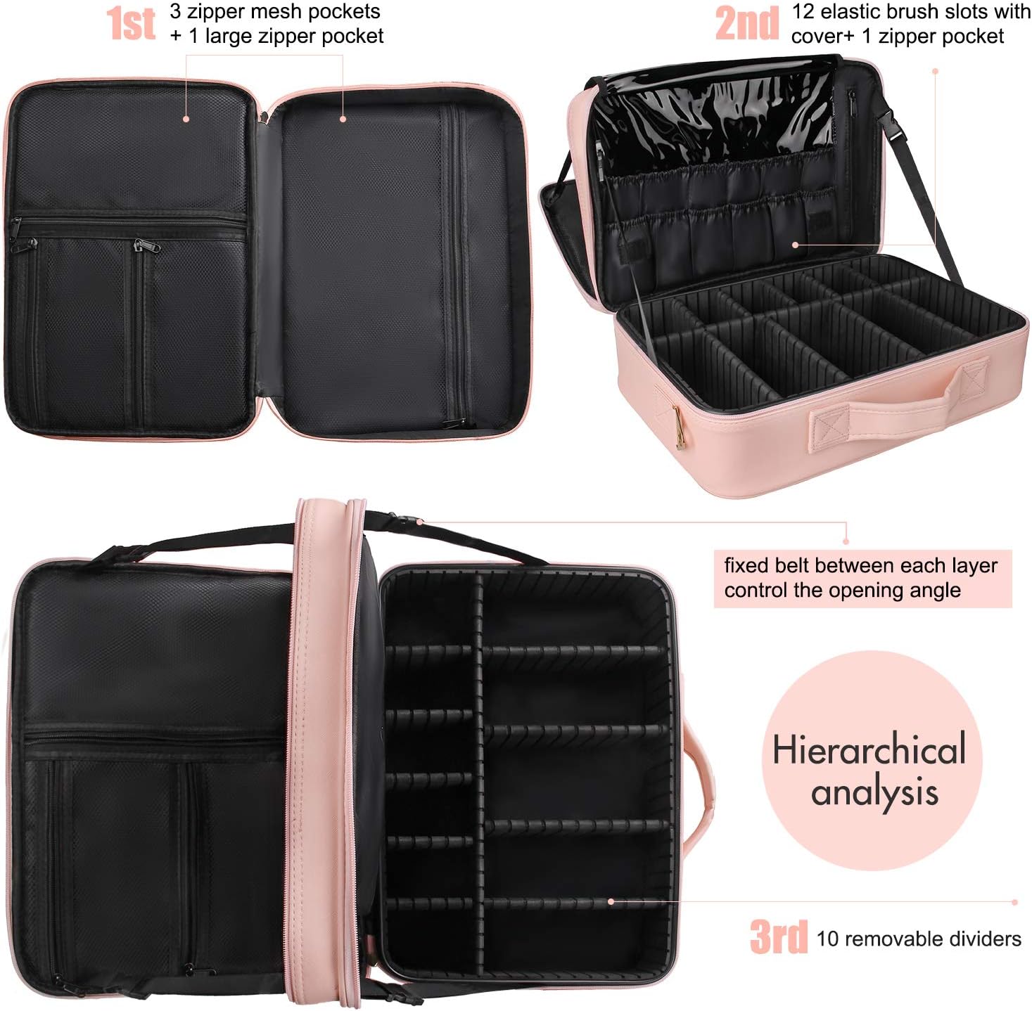 Relavel Makeup Case Large Makeup Bag Professional Train Case 16.5 inches Travel Cosmetic Organizer Brush Holder Waterproof Makeup Artist Storage Box, 3 Layer Large with Adjustable Strap (Pink)