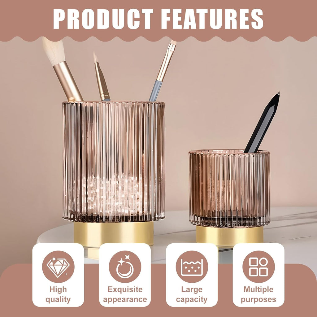 Makeup Brush Holder Organizer, Heavy Crystal Glass Brush Storage Holder, Vintage Cosmetic Make Up Bathroom Brushes Cup Pen Pencil Toothbrush Holder Striped Vase (S+L Pink)