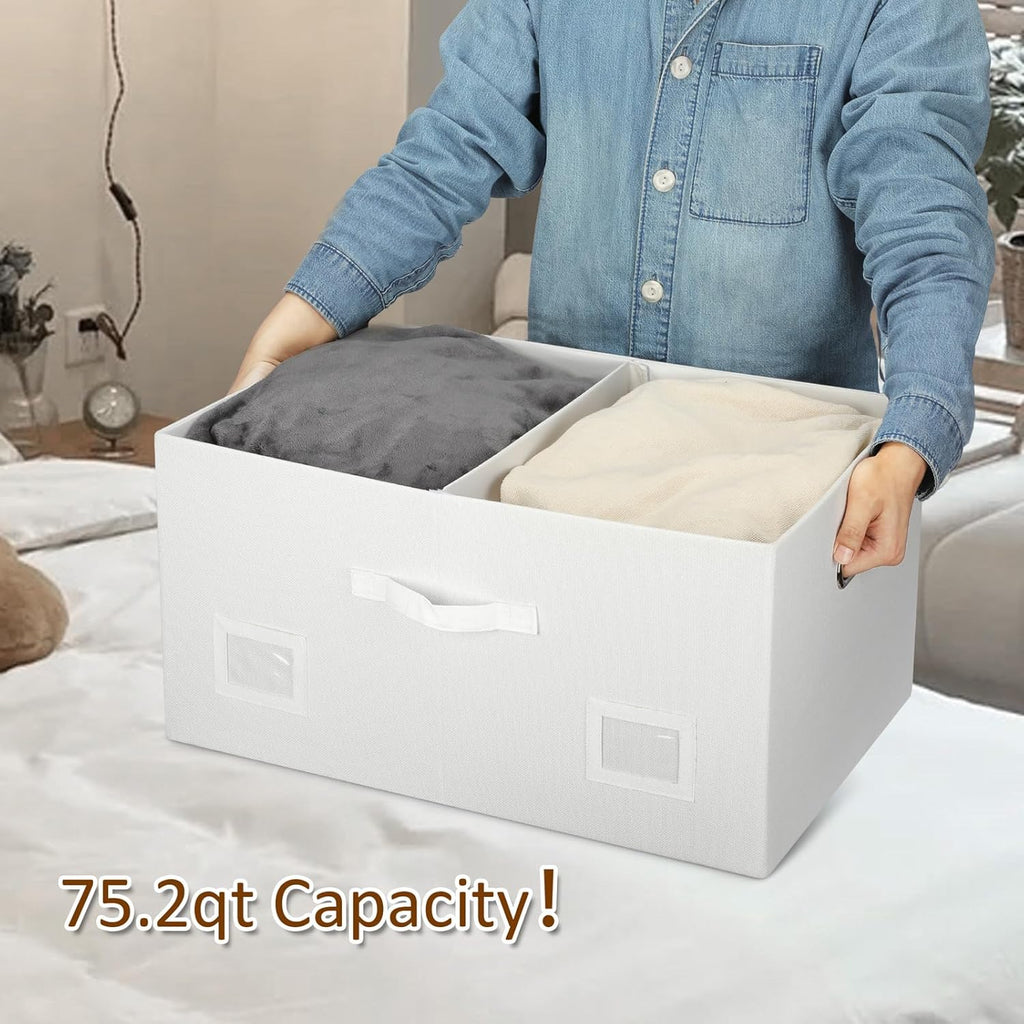 75 Quarts Extra Large Decorative Storage Bins with Lids, 1 Pack White Collapsible Storage Bins with Lids, Stackable Storage Bins Decorative Box Storage With Lid Extra Large