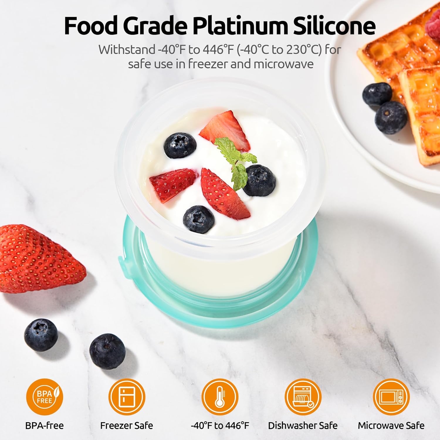 U-Taste 1 Cup Silicone Food Container: Small Kitchen Storage with Airtight Lid, Freezer & Microwave Safe, Fruit Box with Date Marking Circle, Clear Stackable for Meal Prep Portion (Set of 2, Aqua Sky)