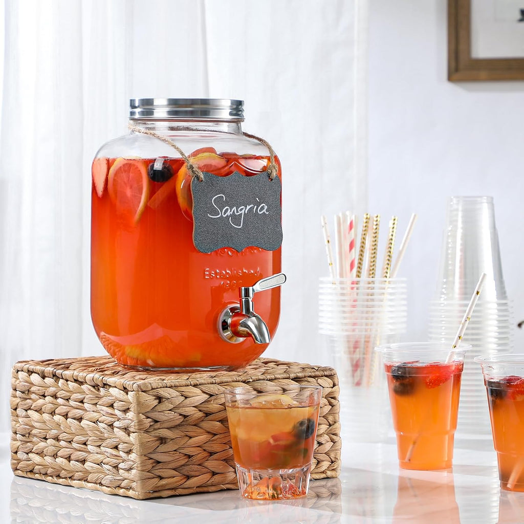 1 Gallon Glass Beverage Dispenser, 18/8 Stainless Steel Spigot and Lid, Glass Drink Dispensers for Parties, Mason Jar Drink Dispensers with Lids