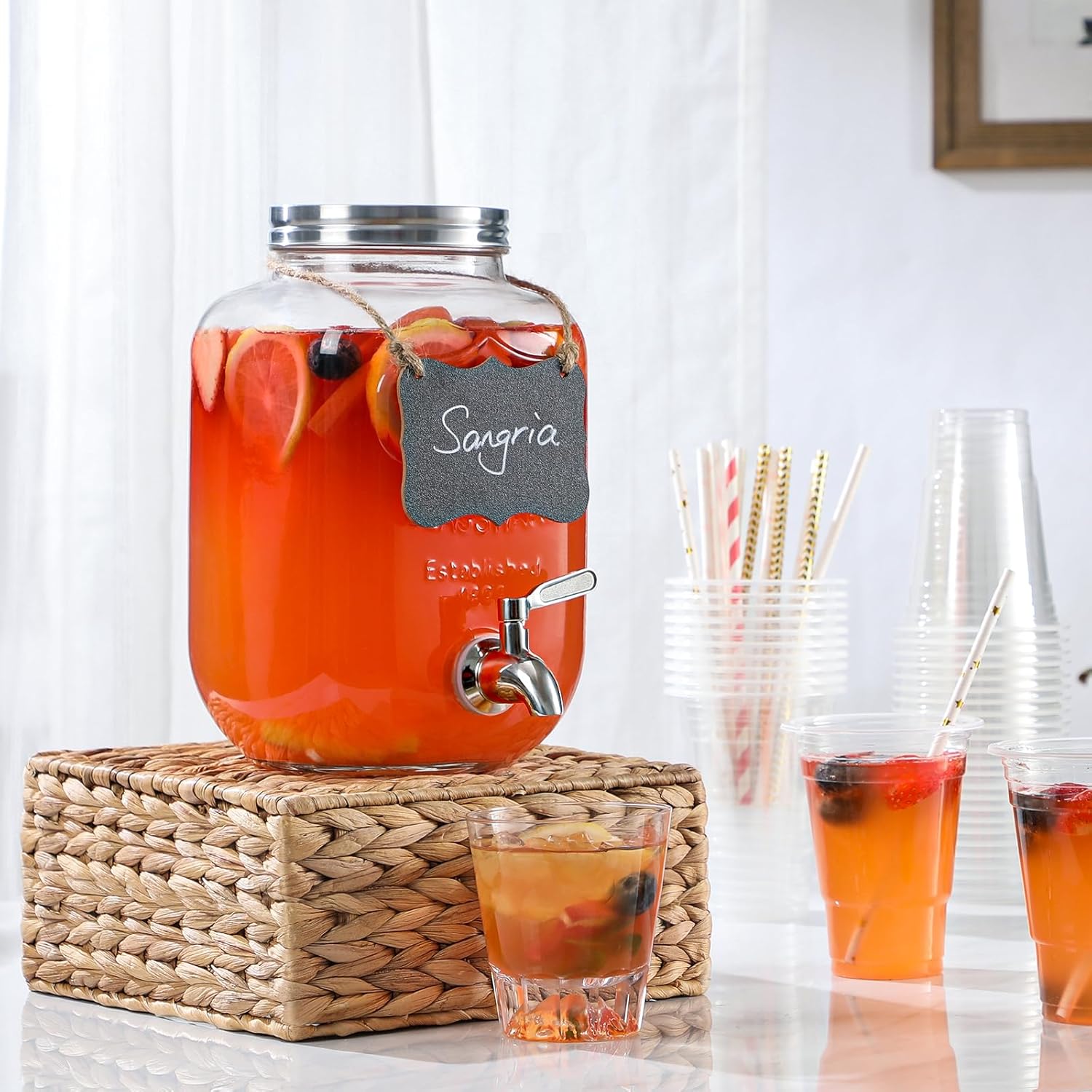 1 Gallon Glass Beverage Dispenser, 18/8 Stainless Steel Spigot and Lid, Glass Drink Dispensers for Parties, Mason Jar Drink Dispensers with Lids