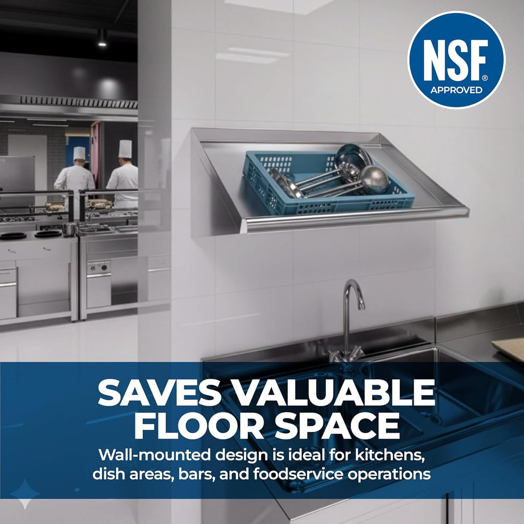 304 Stainless Steel Slanted Wall Rack Shelf with Drain Outlet – 21" x 22.5" | Compact Wall-Mounted Drip Shelf for Commercial Kitchen or Bar (21 in. x 22 1/2 in)