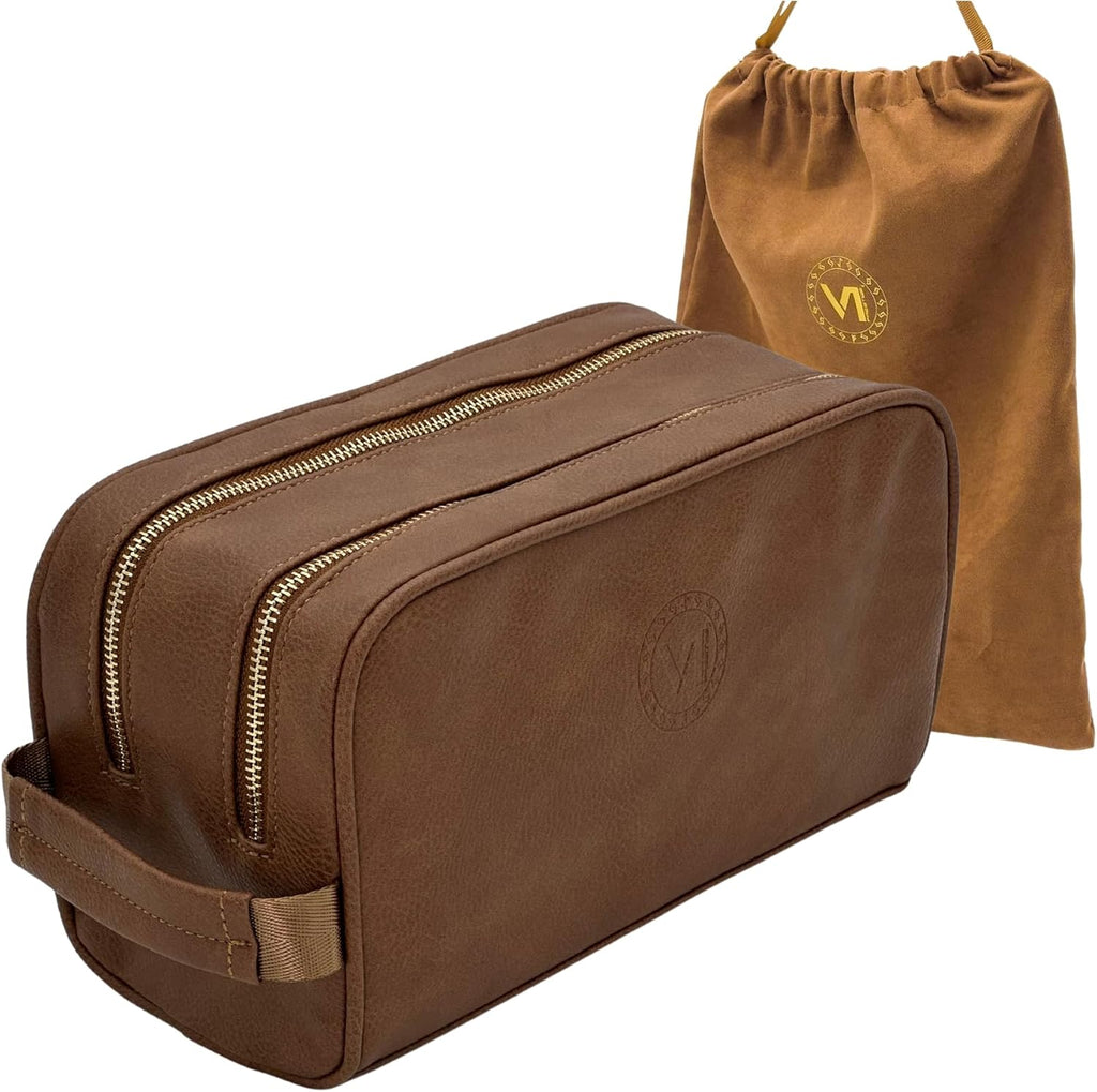 Dopp Gift Large Travel Toiletry Bag Premium Quality PU Leather Two compartments YKK Zippers Water-resistant Bottom Studs Mesh Pockets Durable Cosmetic Organizer BROWN