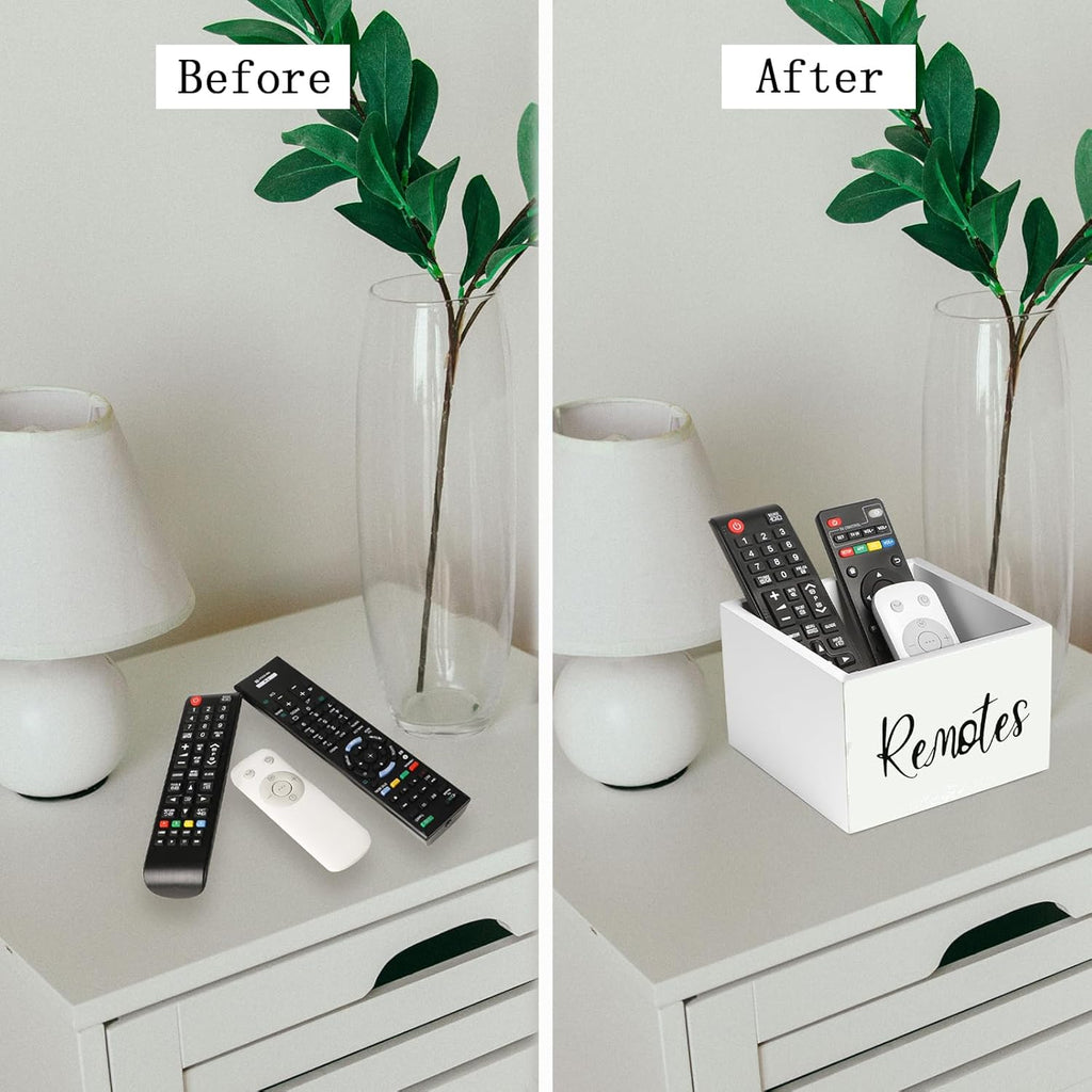 Wood Remote Control Holder, TV Remote Control Organizer for Home Bedroom Table, Multi-Purpose Desktop Storage (White, M,for 3+ Remote Controls)