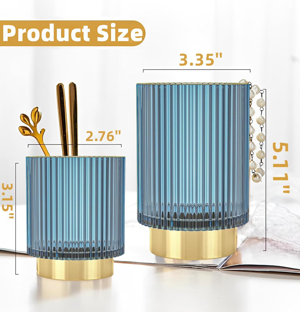 Makeup Brush Holder Organizer, Heavy Crystal Glass Brush Storage Holder, Vintage Cosmetic Make Up Bathroom Brushes Cup Pen Pencil Toothbrush Holder Striped Vase (S+L (blue))