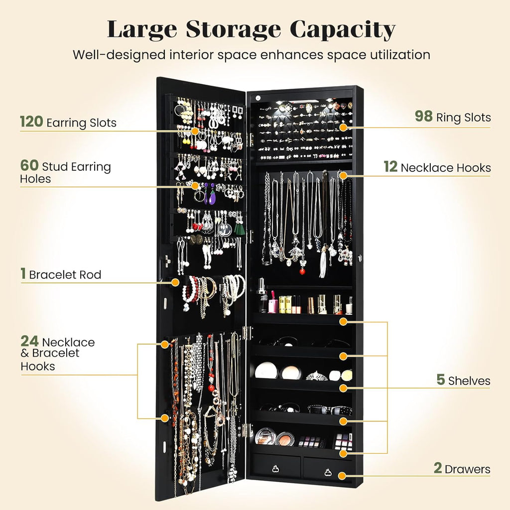 Giantex Wall Door Mounted Jewelry Armoire Cabinet with 47.5" H Full Length Mirror, 2 LEDs Lockable Jewelry Organizer Box with Bracelet Rod, 2 Drawers, Large Storage Capacity (Black)