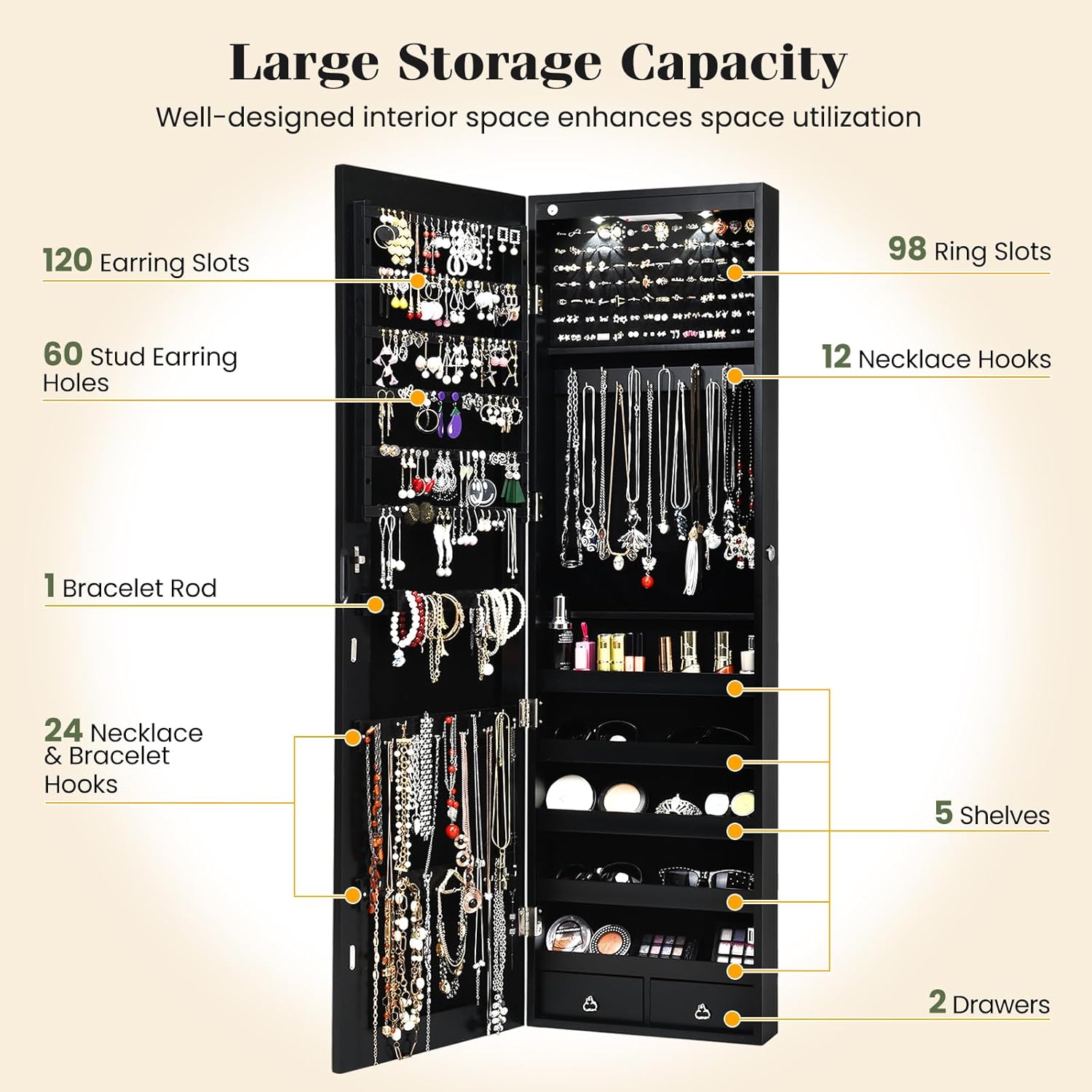 Giantex Wall Door Mounted Jewelry Armoire Cabinet with 47.5" H Full Length Mirror, 2 LEDs Lockable Jewelry Organizer Box with Bracelet Rod, 2 Drawers, Large Storage Capacity (Black)