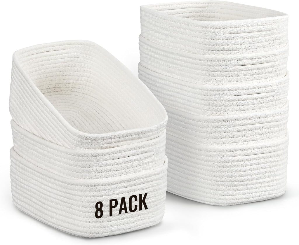 8 Pack Small Storage Baskets for Organizing, Woven Rope Bins for Bathroom, Closet, Shelf Organizer, Cute Cube Decorative Box for Towels, Baby Nursery, Toys, Gift Empty Baskets - 11.5"x7.5"x4.7"-White