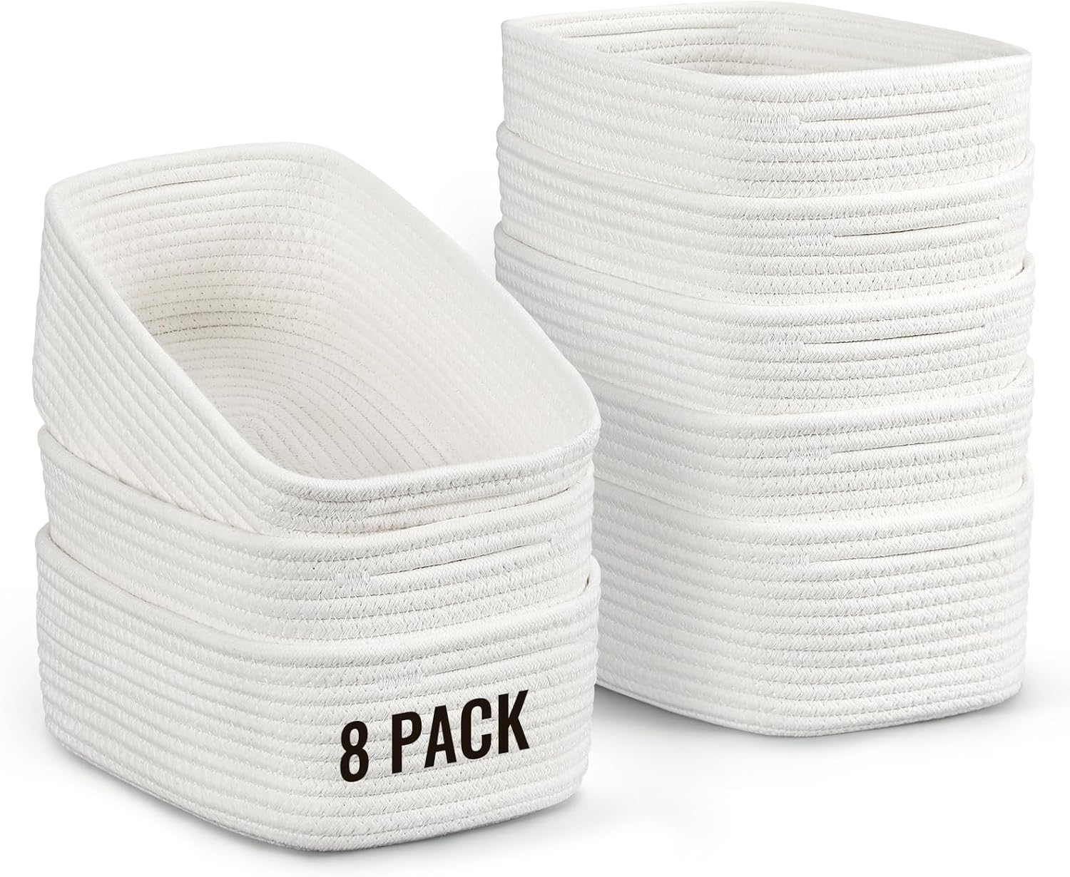 8 Pack Small Storage Baskets for Organizing, Woven Rope Bins for Bathroom, Closet, Shelf Organizer, Cute Cube Decorative Box for Towels, Baby Nursery, Toys, Gift Empty Baskets - 11.5"x7.5"x4.7"-White