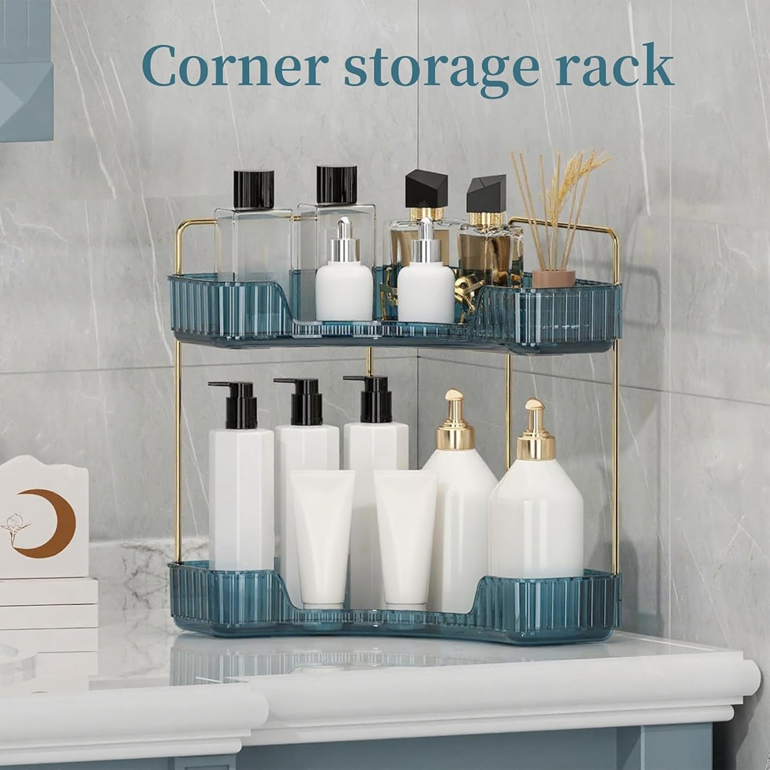 Corner Bathroom Countertop Organizer, Vanity Organizer Trays for Counter, Makeup Organizers, Perfume Tray, Skincare Shelf Storage Gifts for Women Girl Student (Blue, 2 Tiers)