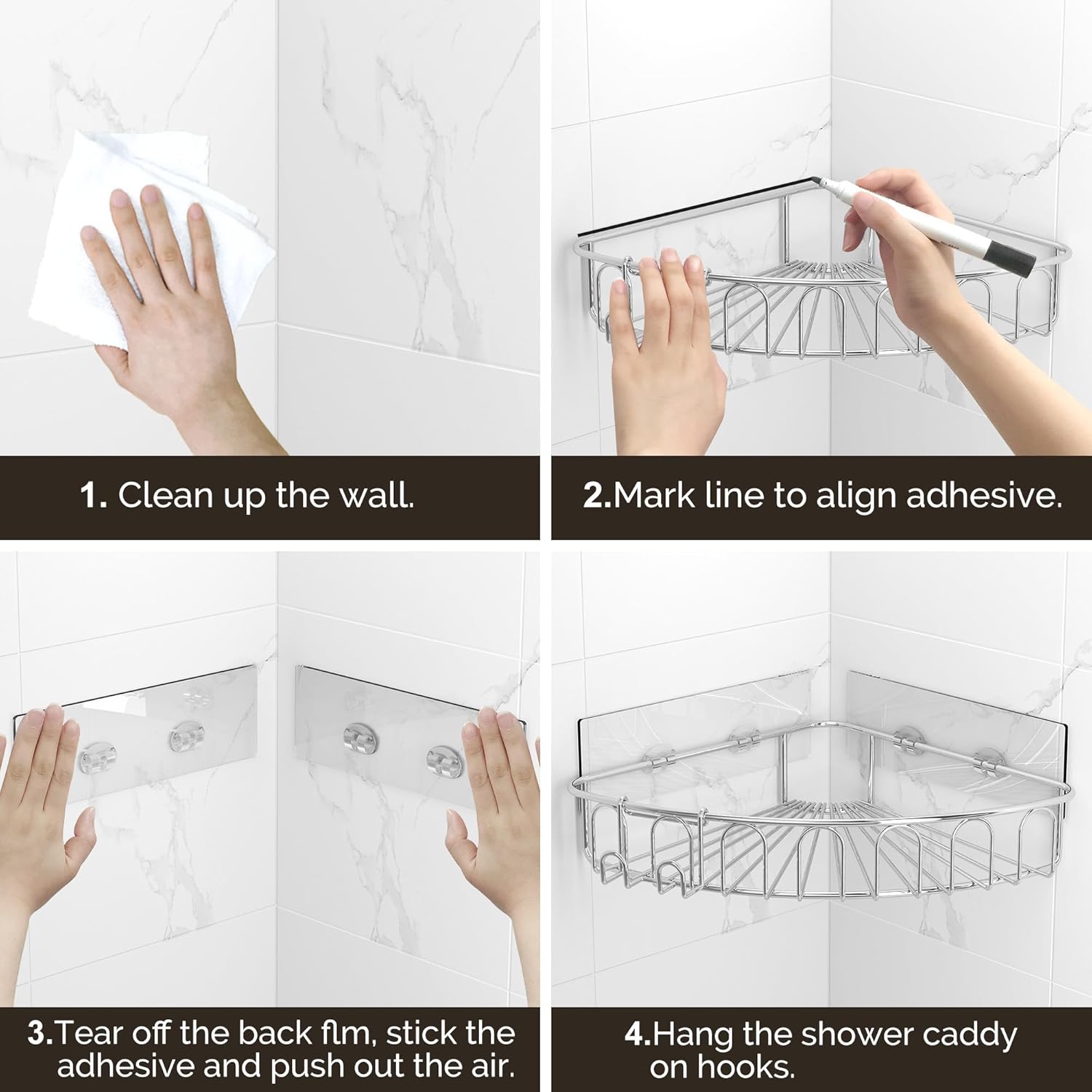 Orimade Corner Shower Caddy Stainless Steel with Hooks Wall Mounted Bathroom Shelf Storage Organizer Adhesive No Drilling 3 Pack, Silver Only for 90-Degree Corner