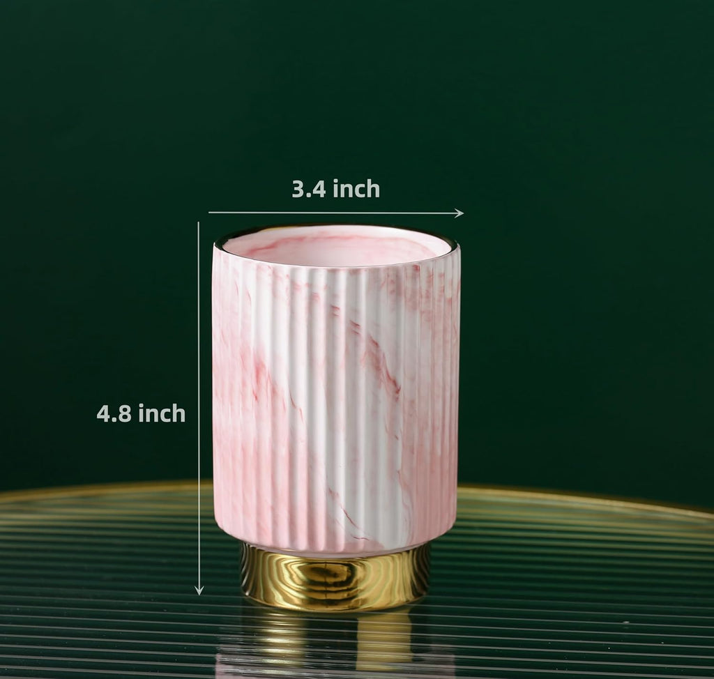 IEEK Pink and Gold Makeup Brush Holder Organizer,Glass Cosmetics Brushes Cup Eyebrow Pencil Pen Container,European Style Striped Brushes Storage,Ceramics Decor for Bathroom Dresser Vanity Desktop