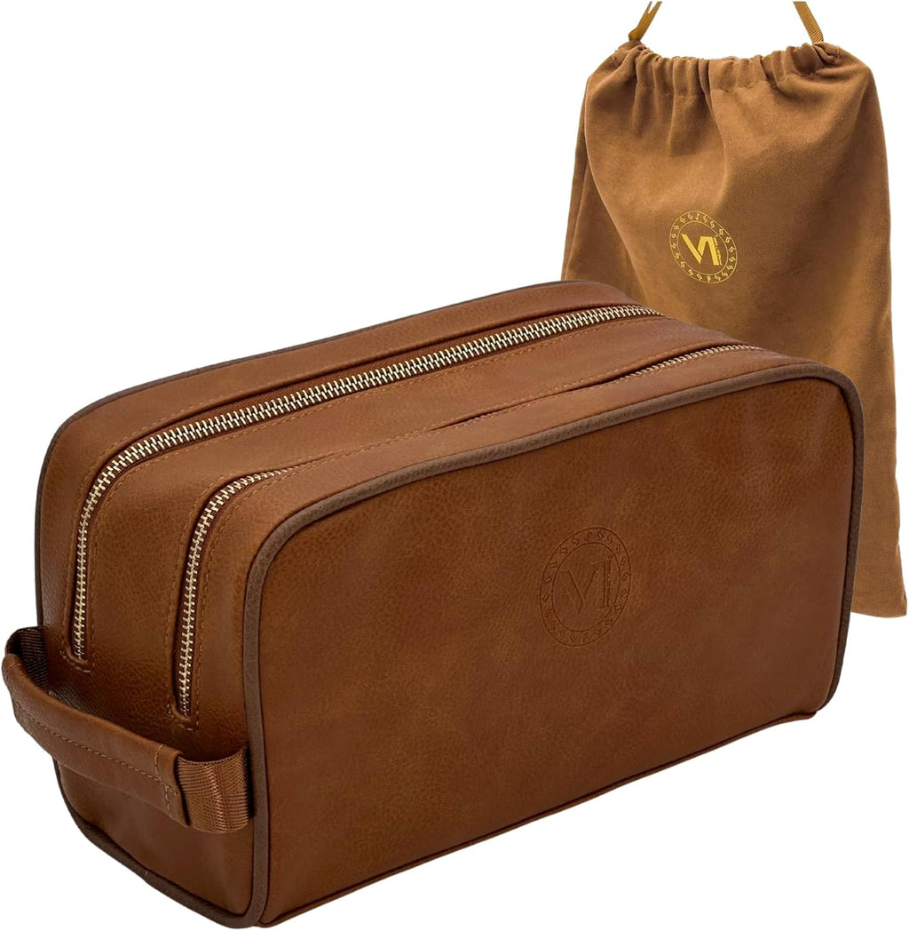 Dopp Gift Large Travel Toiletry Bag Premium Quality PU Leather Two compartments YKK Zippers Water-resistant Bottom Studs Mesh Pockets Durable Cosmetic Organizer CARAMEL LIGHT BROWN