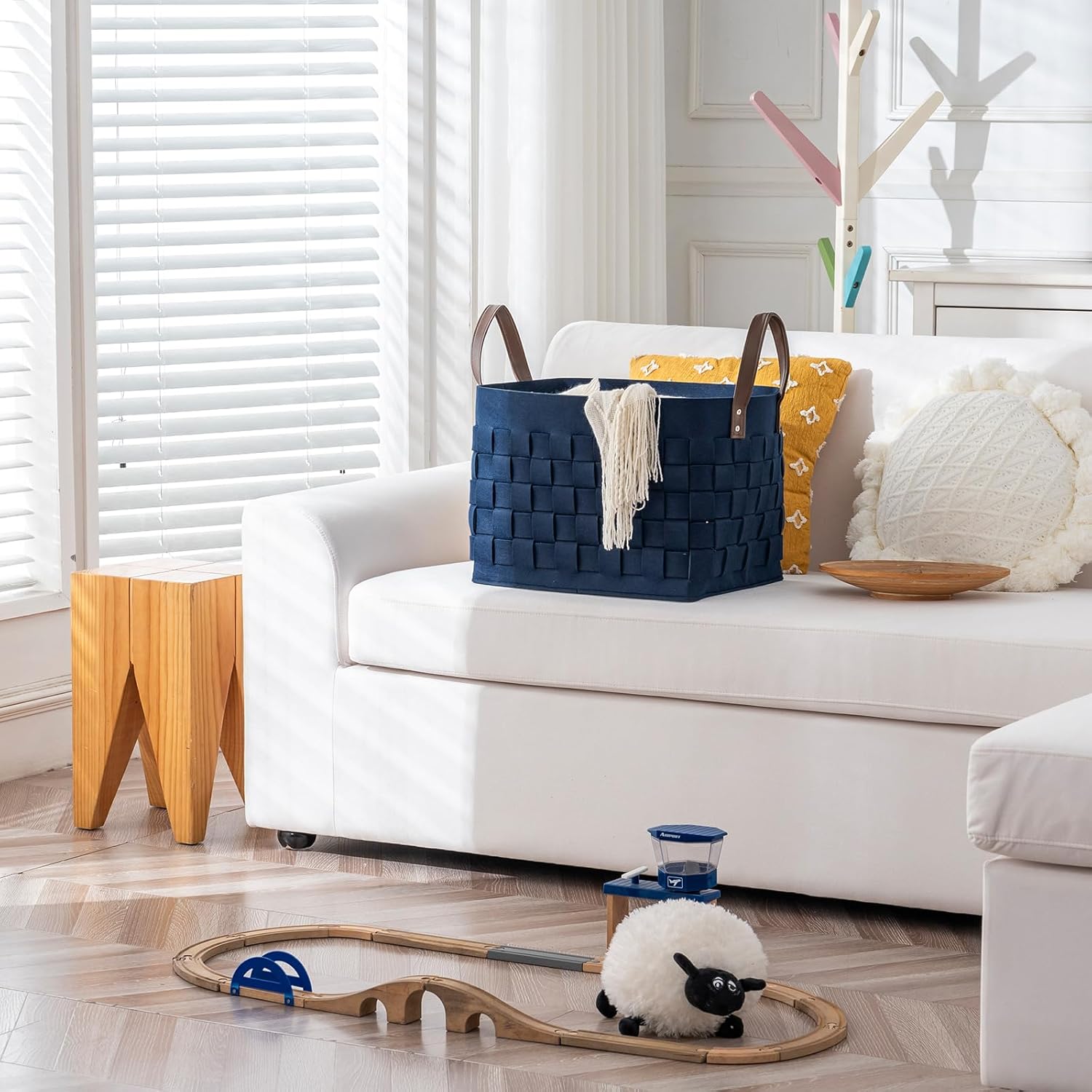 boldmonkey Blankets Basket 16.5 " x13 x13 , Extra Large Rectangular Laundry Hamper with Leather Handle, Soft Dog Toy Basket for Storage-Navy Blue