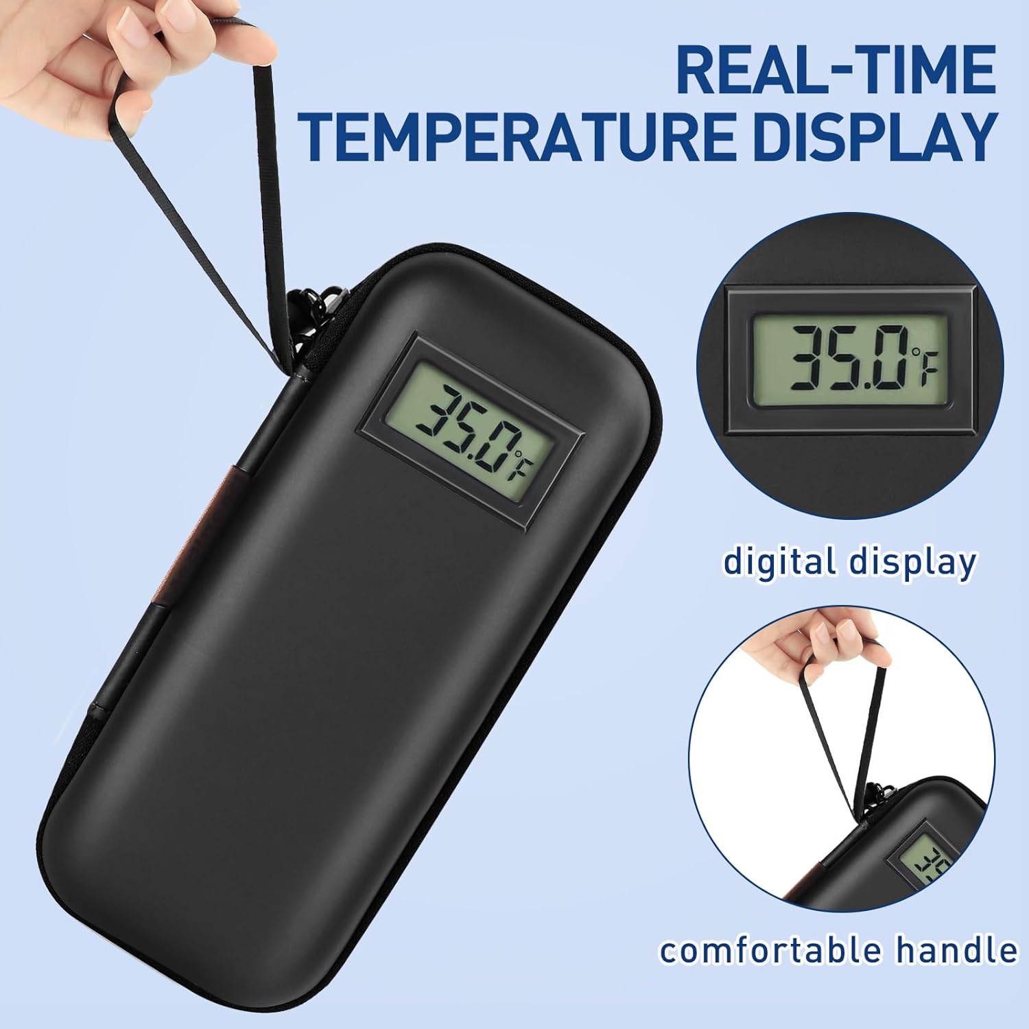 Insulin Cooler Travel Case, Portable Temperature Display Medicine Travel Cooler, Diabetes Case with 2 Reusable Ice Packs TSA Approved for Diabetic Supplies Patent Pending(Black)