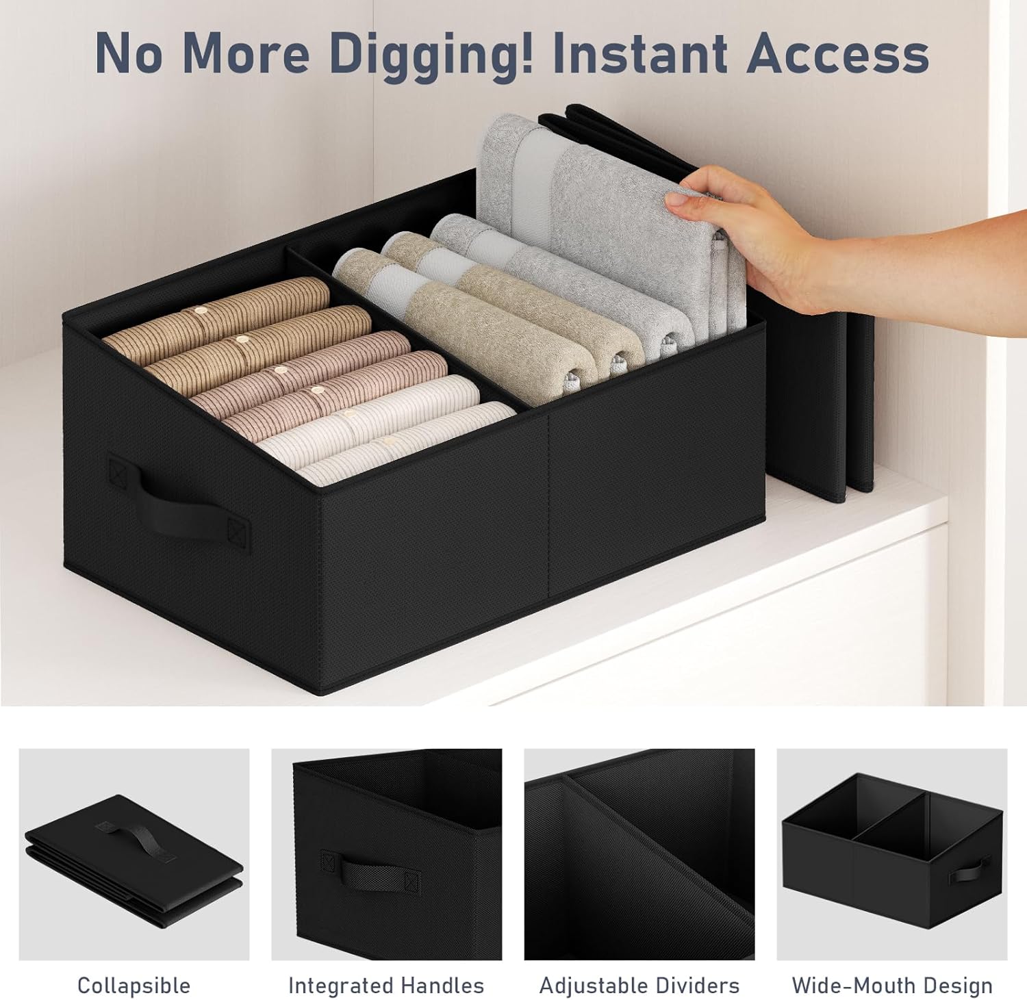 DIMJ Large Closet Shelf Organizer Bins 8 Packs with Handles and Divider, Fabric Trapezoid Storage Baskets, Foldable Clothes Containers Box for Shelf, Towel, Book, Toy, Purse, Hats, Black