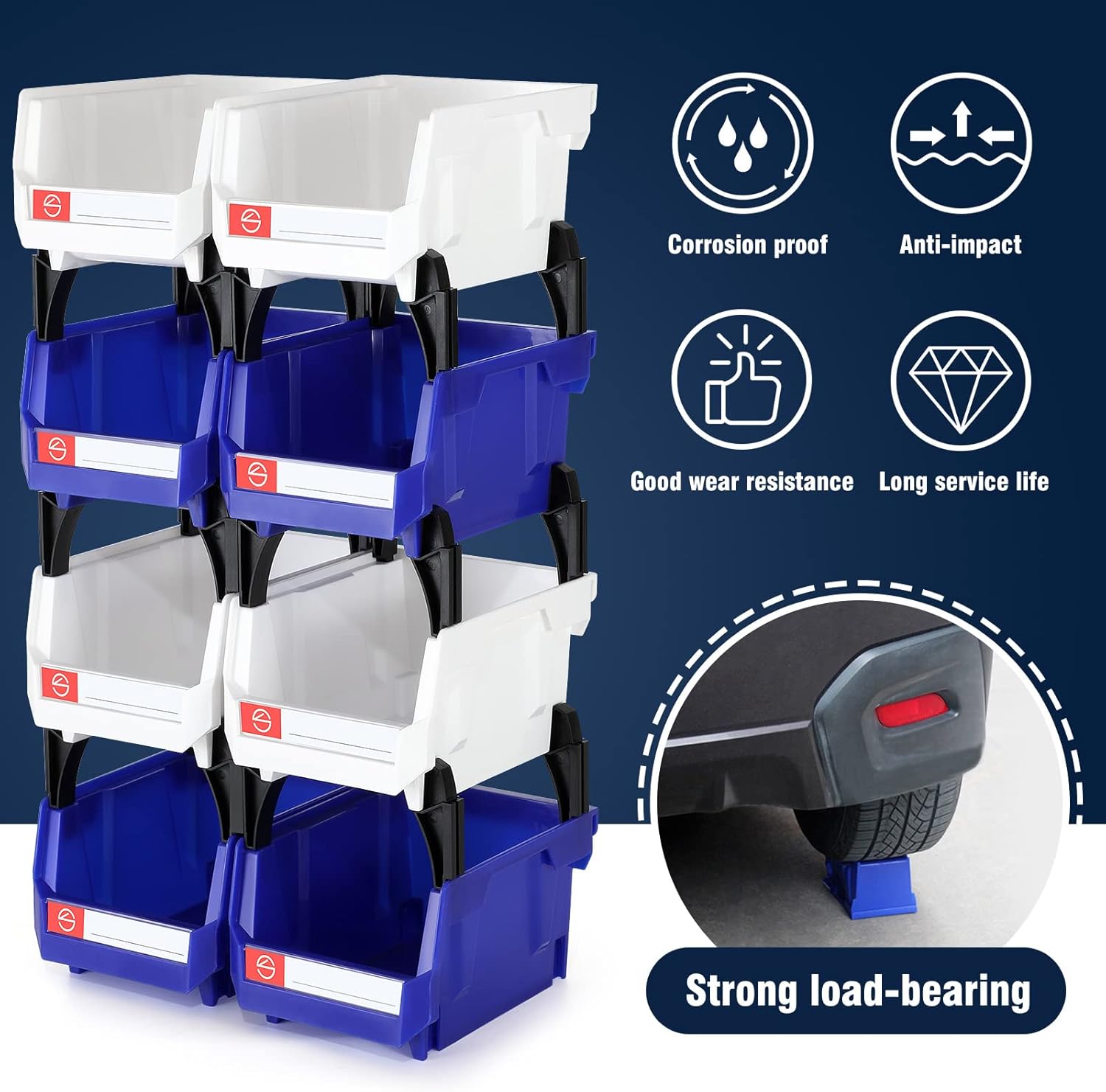 Pe&Hui Storage Organizer Bins,Wall Mount Storage Parts Rack,Stackable Shop Tool Bins for store Screws,Small Parts,Office Supplies and other Accessories (8Pack Blue&White) …