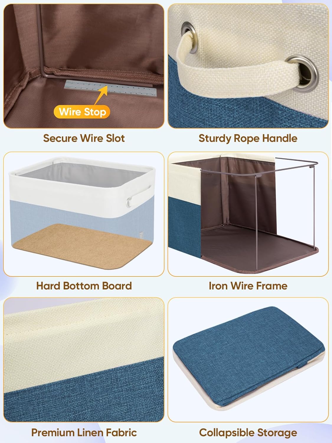 BALEINE 3 Pack Fabric Storage Bins for Shelves, Linen Storage Baskets for Organizing, Decorative Closet Bins for Clothes, Home (Navy Blue, 14''x10''x8.5'')