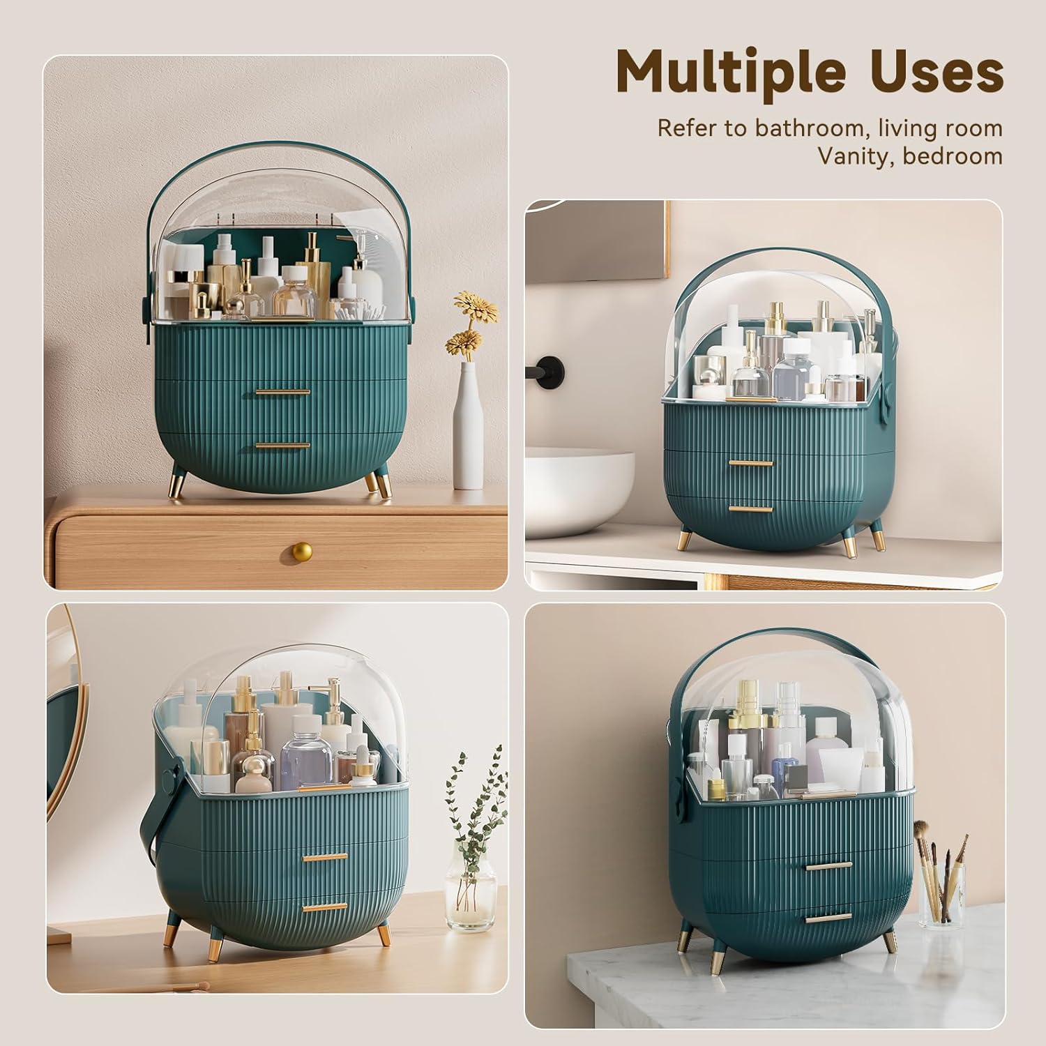 Makeup Organizers, Make Up Organizer for Vanity, Countertop Cosmetic Storage with Drawers and Transparent Cover for Bedroom Bathroom, Green