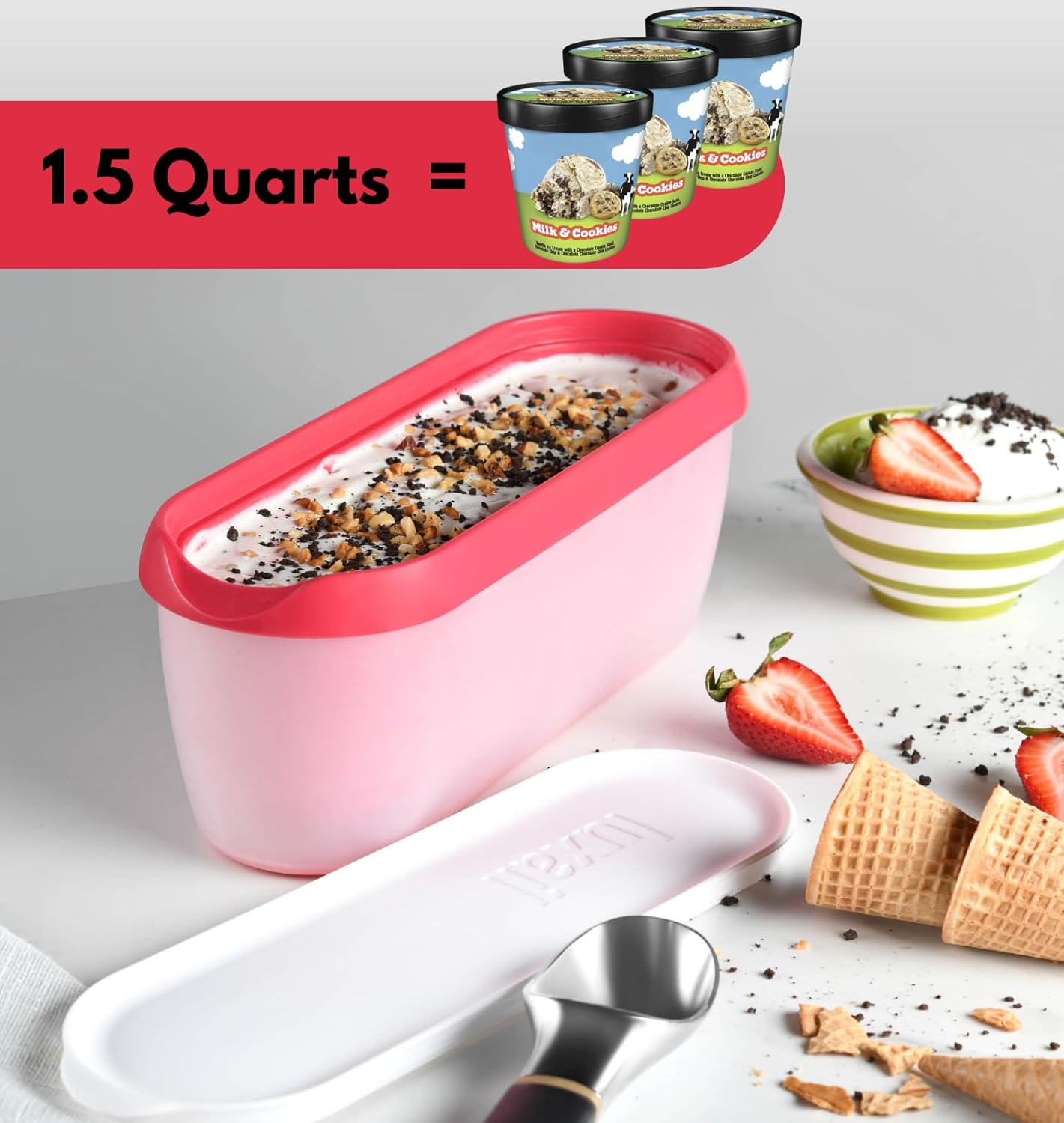 Ice Cream containers for homemade ice cream, Reusable Storage Freezer ice cream Container With Lids, BPA FREE, Dishwasher Safe Tub. Double Insulated, 1.5 Quart, Red, Non Slip Base, Stackable on