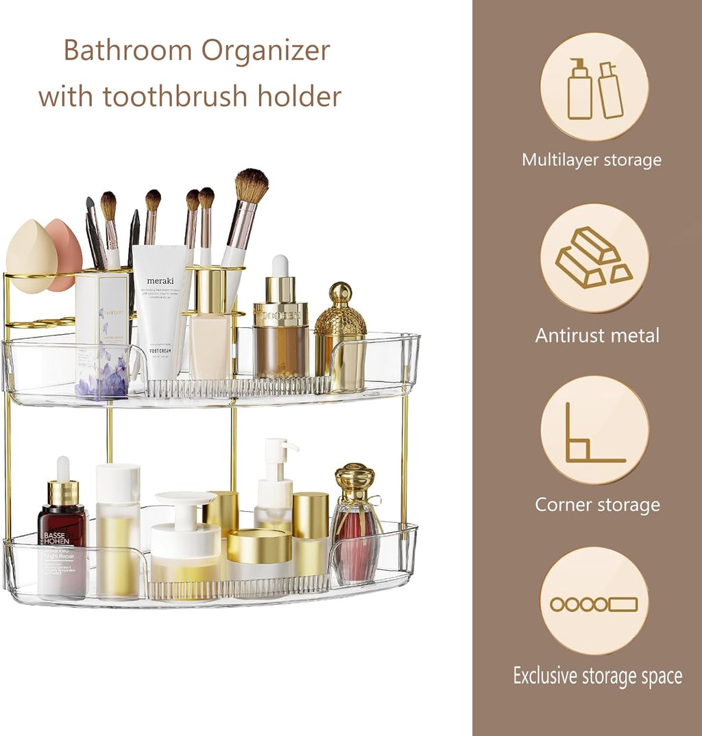 FELIZHOUSE 2-Tier Makeup Organizer for Vanity & Bathroom Countertop – Acrylic Storage Shelf with Perfume Tray & Makeup Brush Holder, Tool-Free Installation, Design for Bathroom & Dresser - Clear
