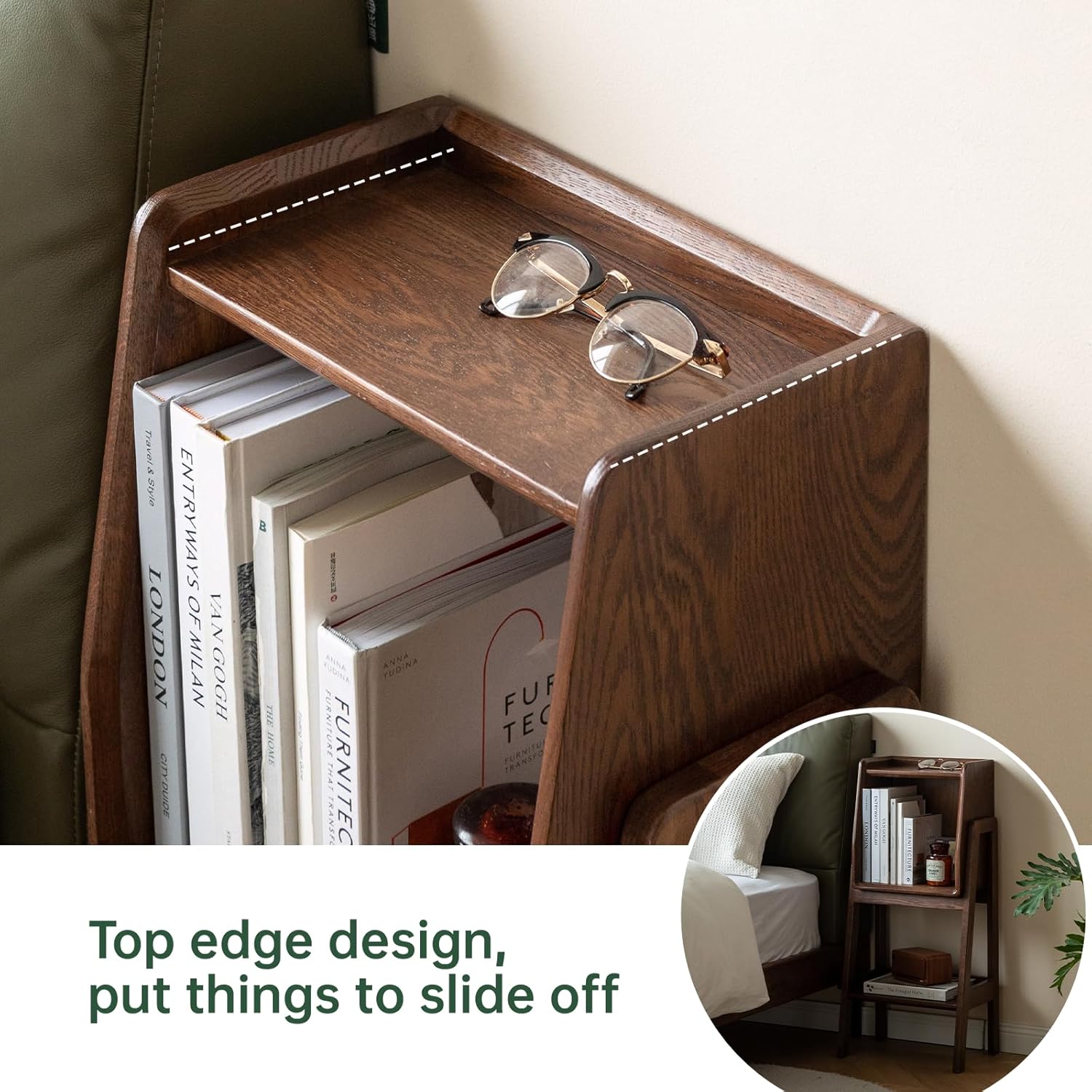 100% Solid Oak Ladder Shelf with Cabinet, 32.67" Tall Nightstand with Stable Frame for Bedroom, Small Bookcase for Living Room Nursery(Walnut, Fully Assembly Furniture)