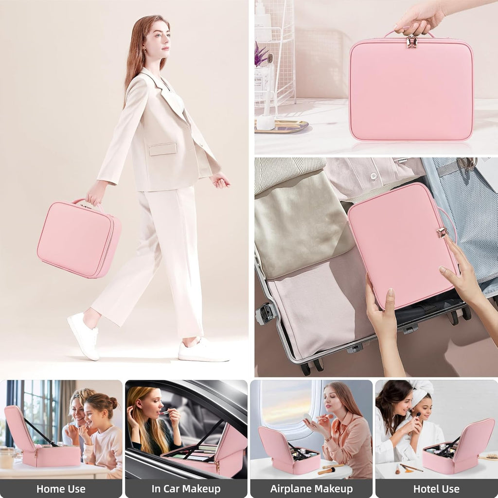 Makeup Case with Mirror and Lights, Travel Makeup Bag with Lighted Mirror, Make up Case with LED Mirror & Adjustable Dividers, Portable Cosmetic Organizer Bag Gift for Women(Pink)