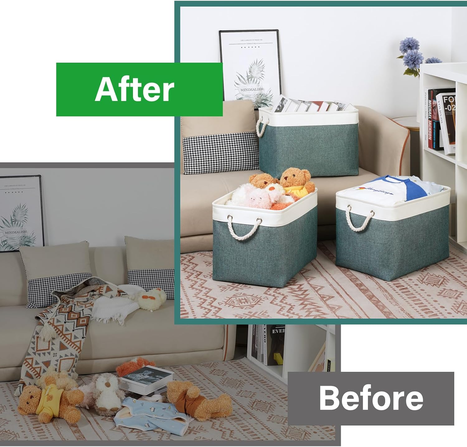 Bidtakay Large Storage Baskets for Shelves 3 Pack Fabric Storage Bins for Organizing Linen Collapsible Organizer for Closet-Deep Green