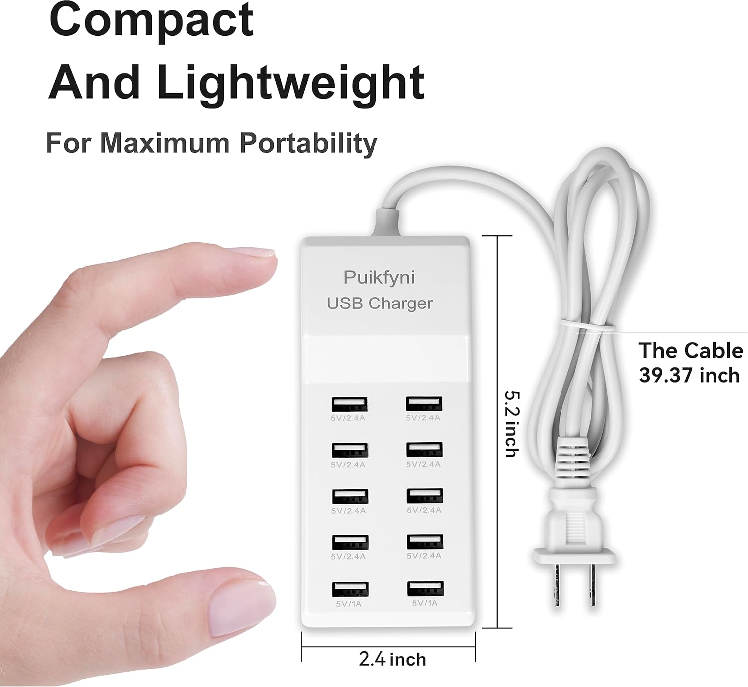 10-Port USB Charger Station, Smart Multiple Charging Block/USB Power Strip for Multiple Devices,Mobile Phones and iPads,Smart Watches Tablets (White)
